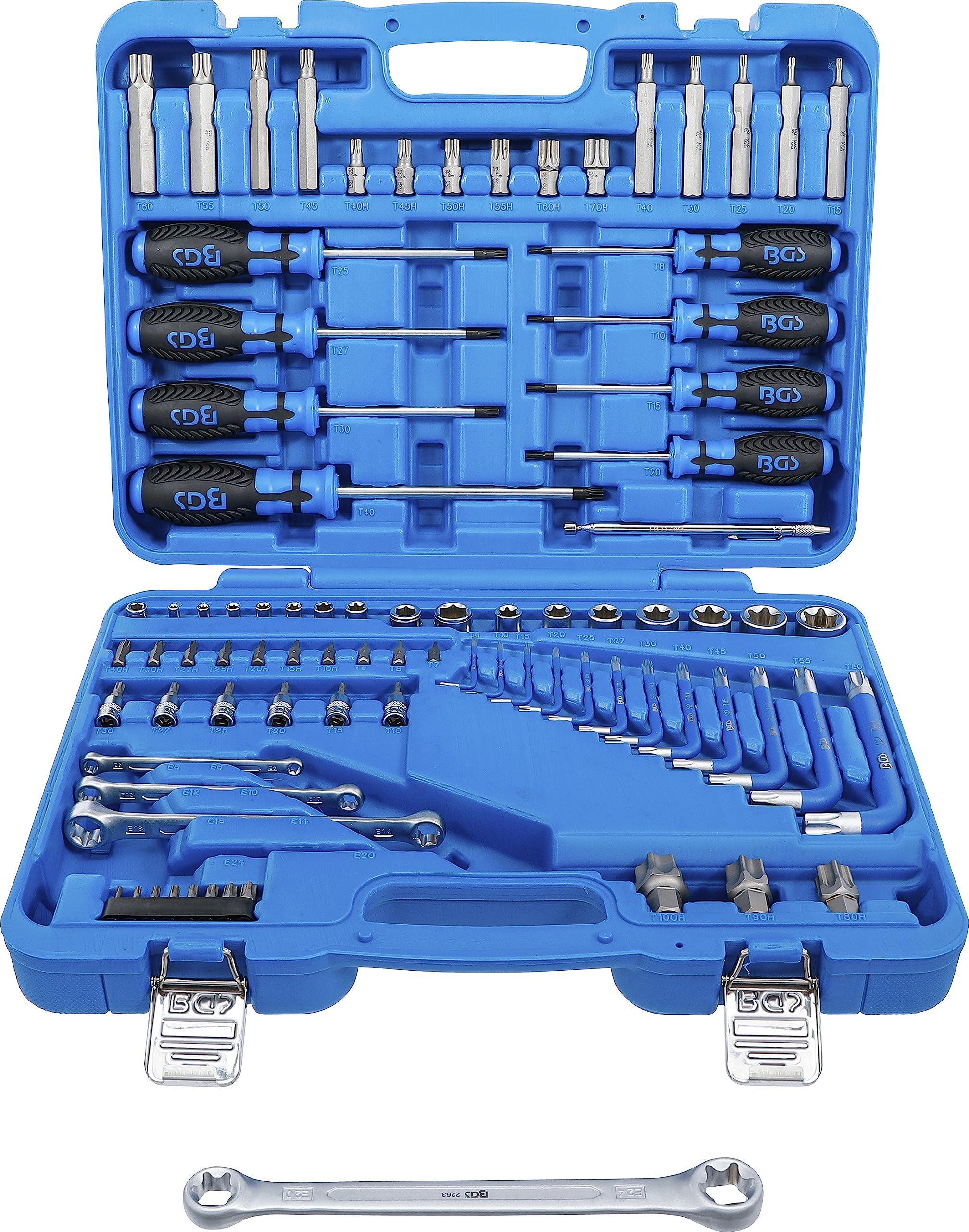 BGS 7849 | Juego de herramientas | 6,3 mm (1/4") + 12,5 mm (1/2") | E-Torx / perfil en T (para Torx) | 84 piezas | 6,3 mm (1/4") + 12,5 mm (1/2") | Acero al cromo vanadio | Puntas, llaves angulares, insertos de llave de vaso, adaptador