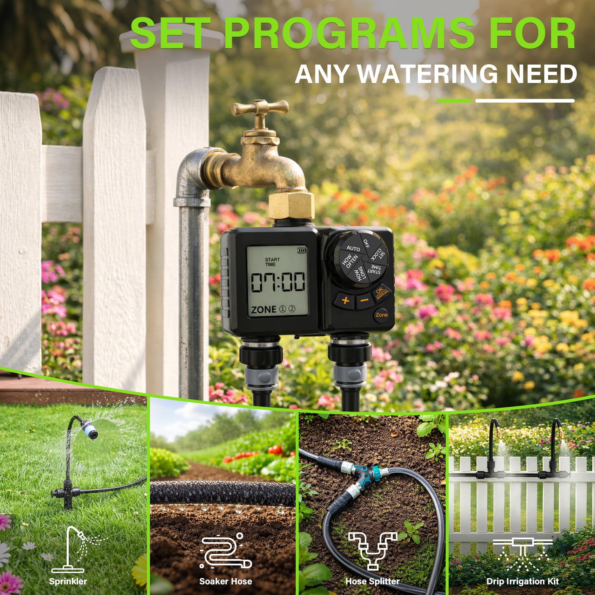 MIXC Timer dell'acqua ricaricabile a 2 zone, timer per irrigazione IPX6 a corpo intero con ritardo pioggia/modalità manuale/automatica, durata oltre un anno, per risparmiare acqua e denaro, controller
