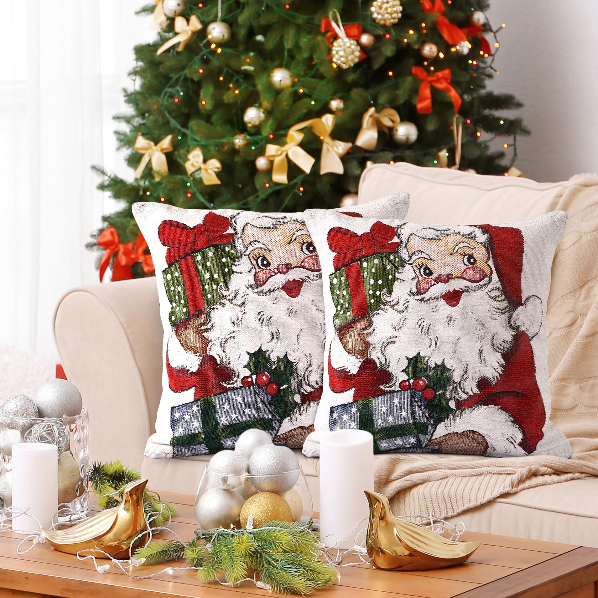 La Maison Christmas Soft Cotton Chenille Tapestry Cushion Cover Xmas Festive Scatter Cushions Nordic Santa Reindeer Stag Snowman (Santa Claus, 2 x Filled Cushion) — image 1
