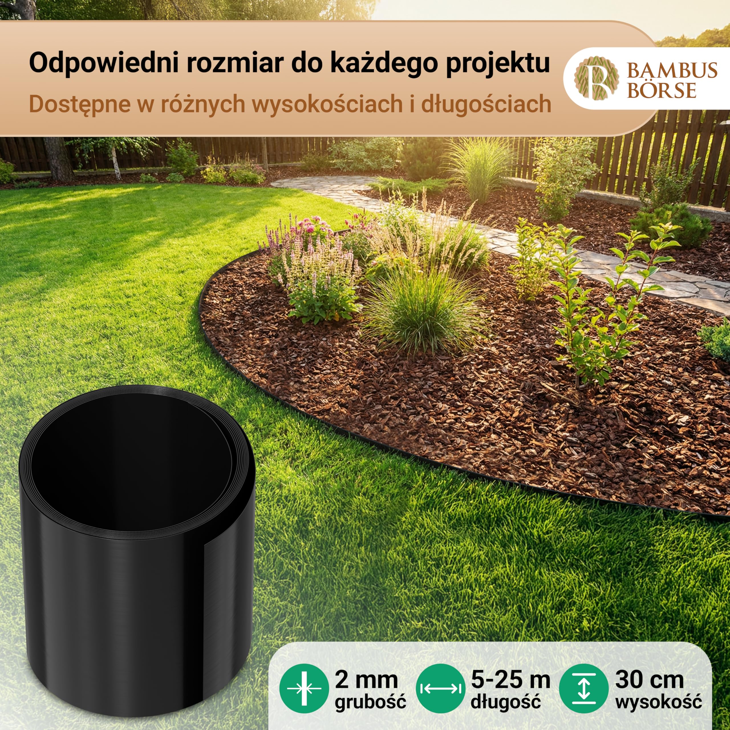 Krawędź trawnika – obramowanie rabatek o wysokości 30 cm, długość 15 m, z tworzywa sztucznego HDPE – elastyczne obramowanie rabatki i ograniczenie trawnika, odporne na warunki