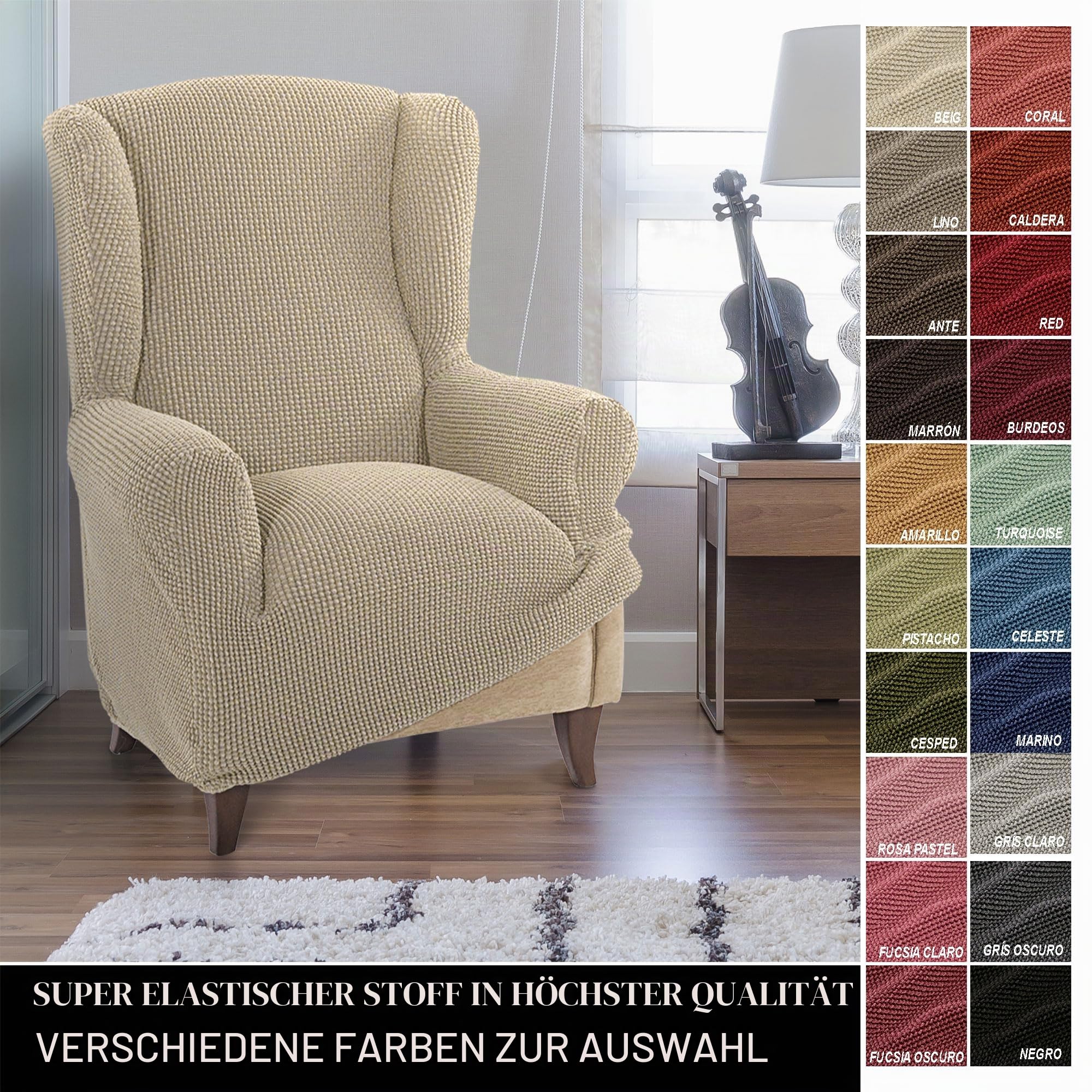 FAVERTI® Super elastischer Sesselbezug für Ohrensessel, 1-Sitzer, 70 bis 100 cm, Modell Novele, Beige, hochwertiger Schutz aus Jacquardgewebe, Baumwollgefühl, Ohrensesselschutz