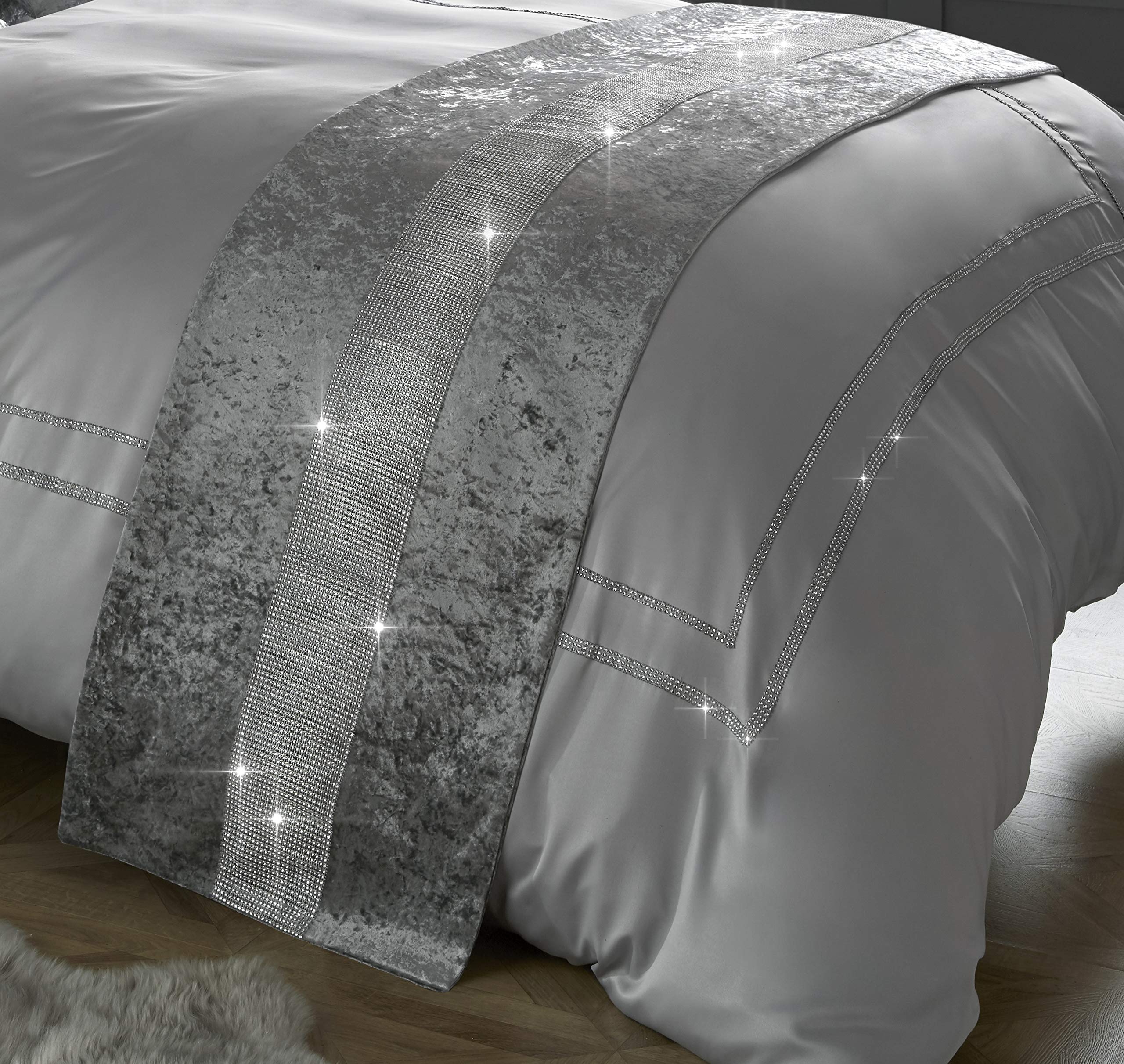 Red Rainbow Diamante & Crushed Velvet Bed Runner Sparkle Silver/Grey