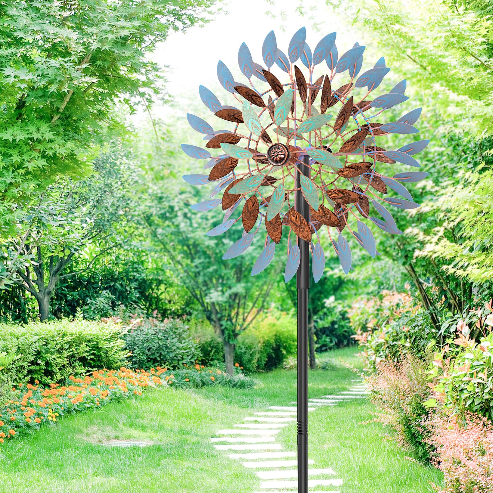 Molino de viento cinético para exteriores, 18.5 pulgadas de ancho x 78.7 pulgadas de alto, molino de viento grande de metal para exteriores con base estable de 5 puntas, giratorio de 360°, 6 cuchillas
