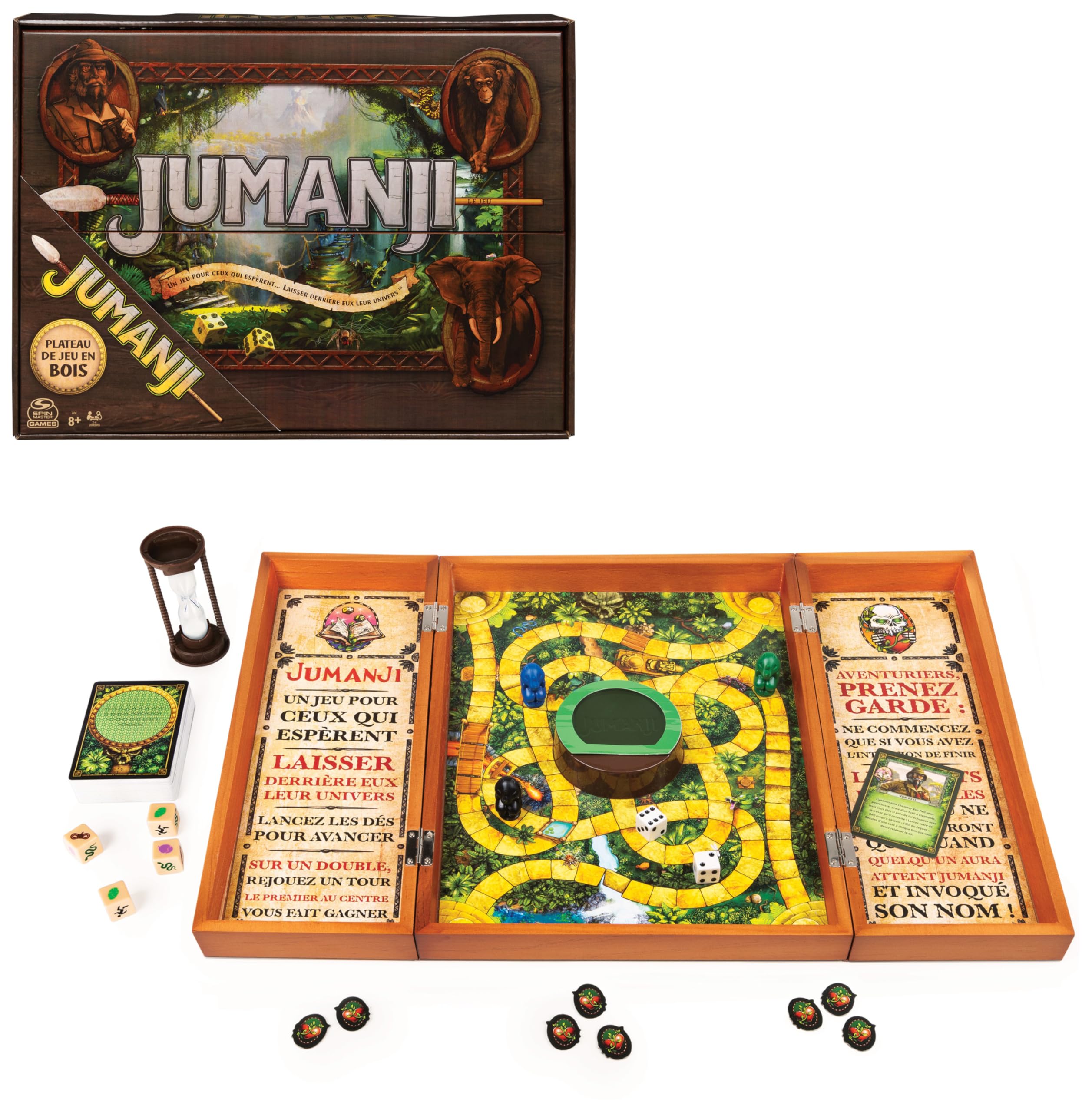 Spin Master Games - Jeu Jumanji avec Plateau Bois Retro - Jeu de Société Famille avec Nombreux Défis - Ambiance du Film Jumanji - Version Française - Jouet Enfant 8 Ans Et +
