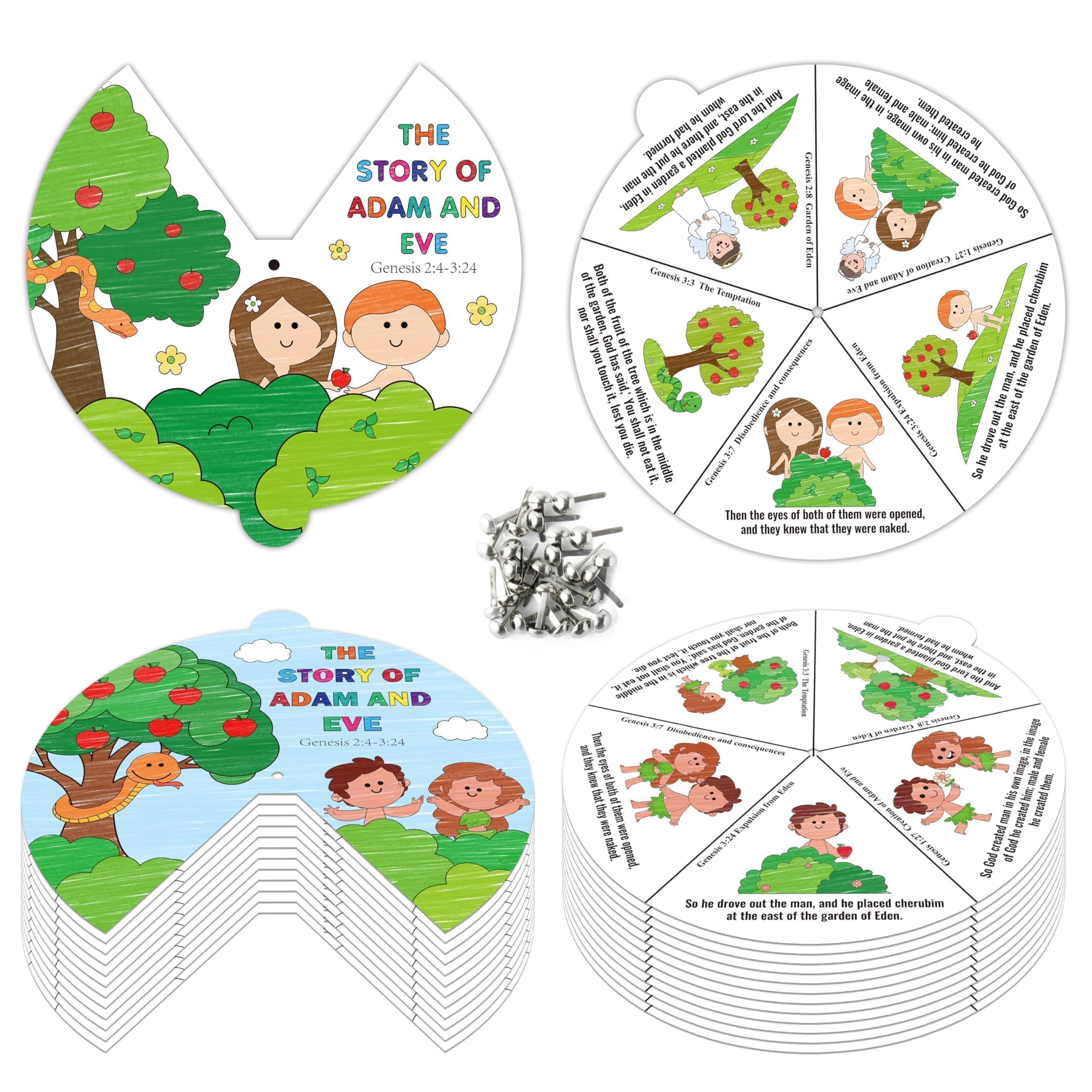 AsodSway Easter Adam Eve Paper Crafts Coloring Wheel, 72 The Story Of Adam And Eve Bible Characters Religious Coloring Cards DIY Crafts Make Your Own Christian Story, Sunday School Memory Game for Kid