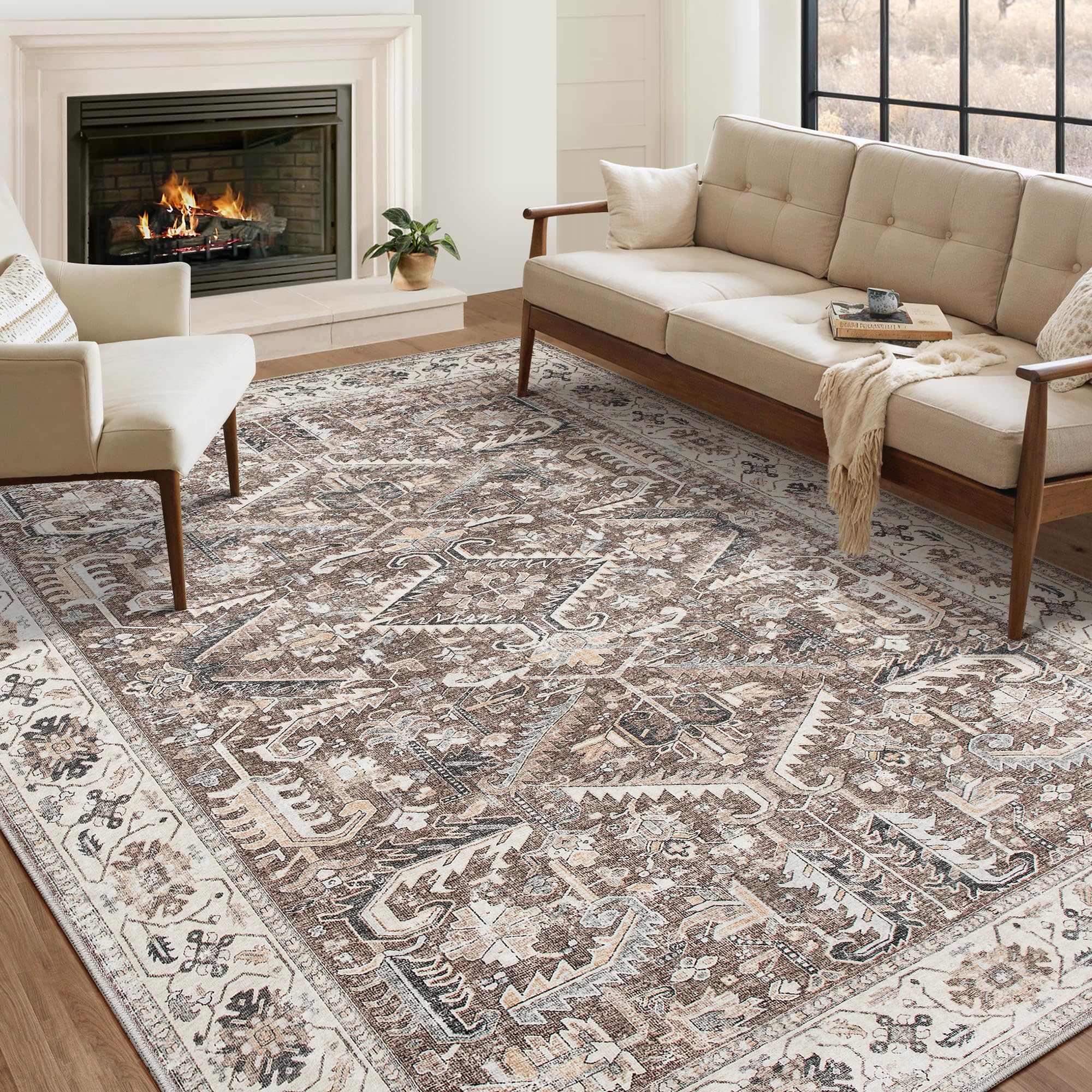 8x10 Area Rug for Living Room - Large Washable Soft Traditional Distressed Tribal Rug for Bedroom, Dining Room and Home Office, Thin and Foldable Farmhouse Boho Indoor Floor Carpet Rugs - Dark Brown