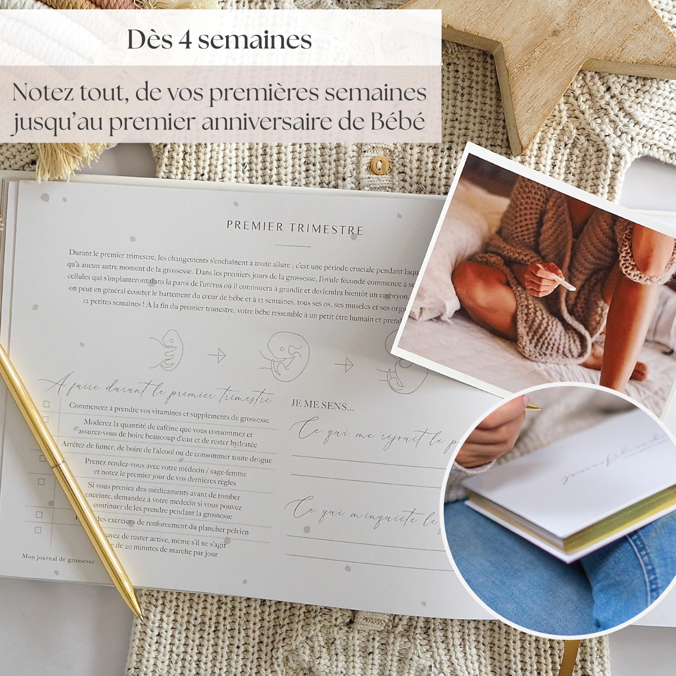 Journal de Grossesse de Luxe pour Futures Mamans - Carnet avec Calendrier, Scrapbook, Check-list, Organisateur et Livre de Naissance (Doré)