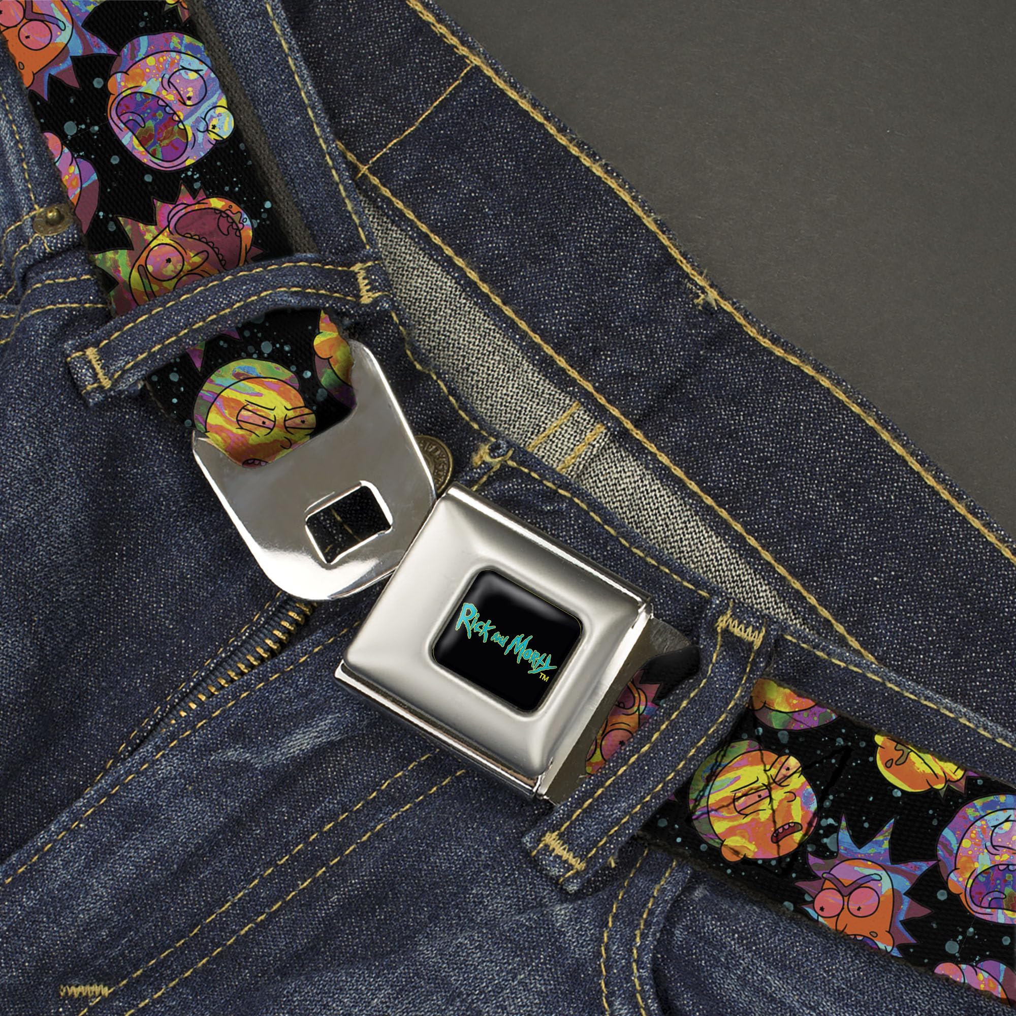 Rick and Morty Belt, Seatbelt Buckle Belt, Rick and Morty Vaporwave Expressions Scattered Multi Color, Youth 20 to 36 Inches