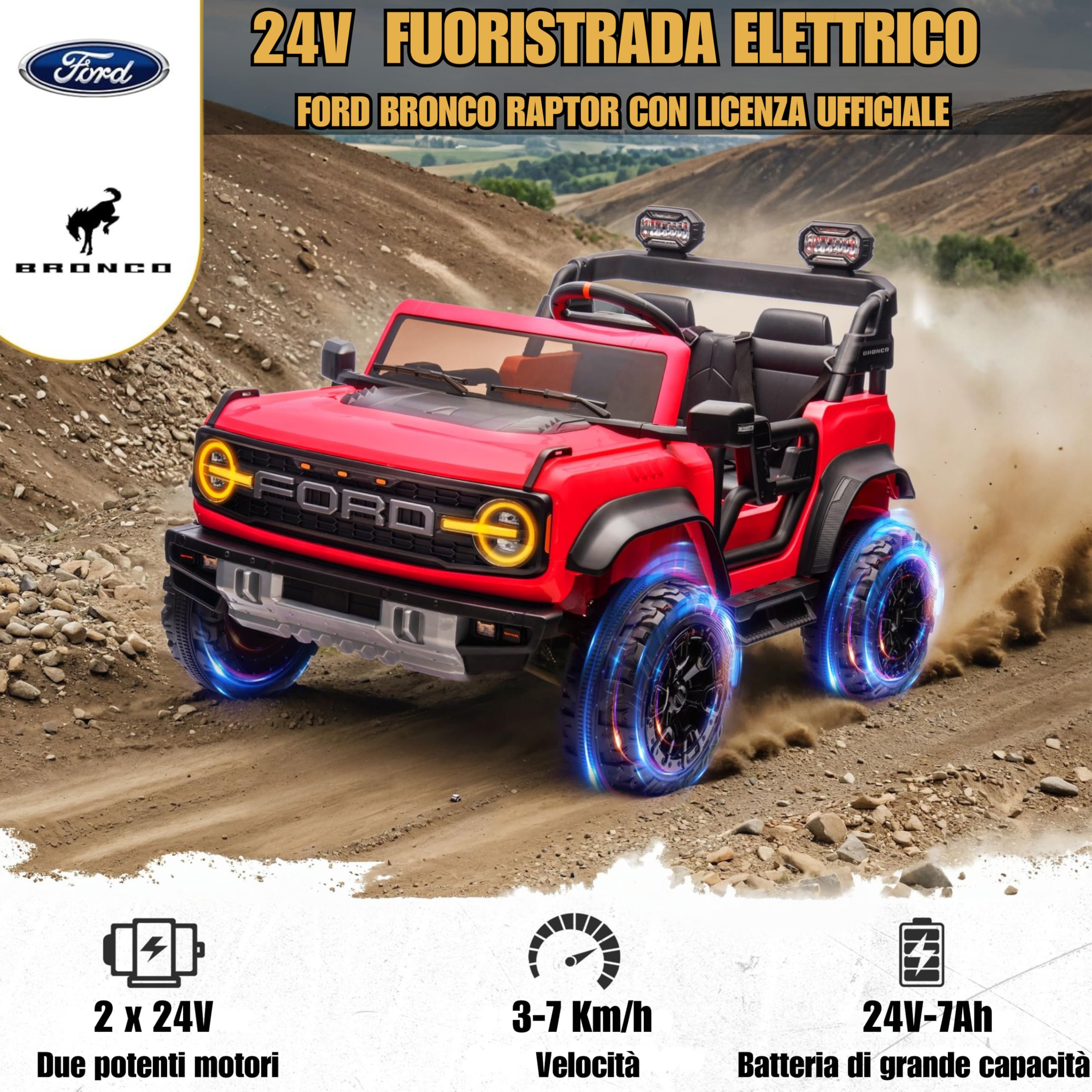 Ford Bronco Raptor 24V Maxi Fuoristrada 2 Posti Auto Macchina Elettrica per Bambini Telecomando Luci a Led Bluetooth Ammortizzatori Carico Massimo 60 Kg (Rosso)