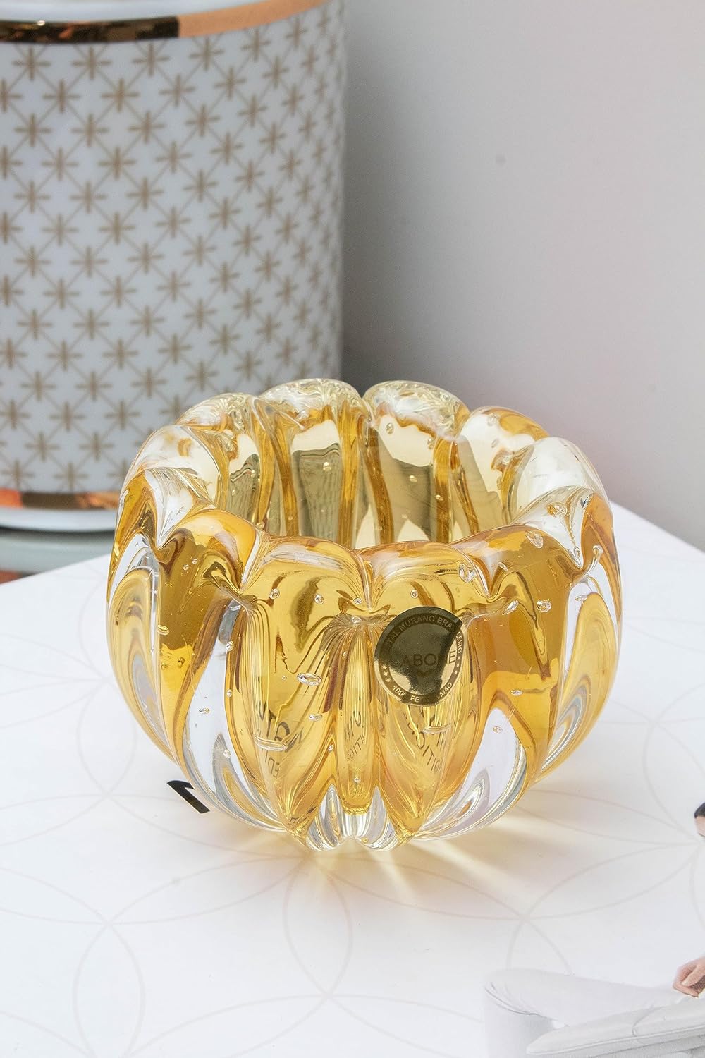 Murano-Style Hand-Blown Glass Cachepot, Model Liceu (Amber)| Brazilian Artisan Craft | Multipurpose Use as Vase, Jewelry Holder, or Fruit Server | Elegant Home and Office Decor