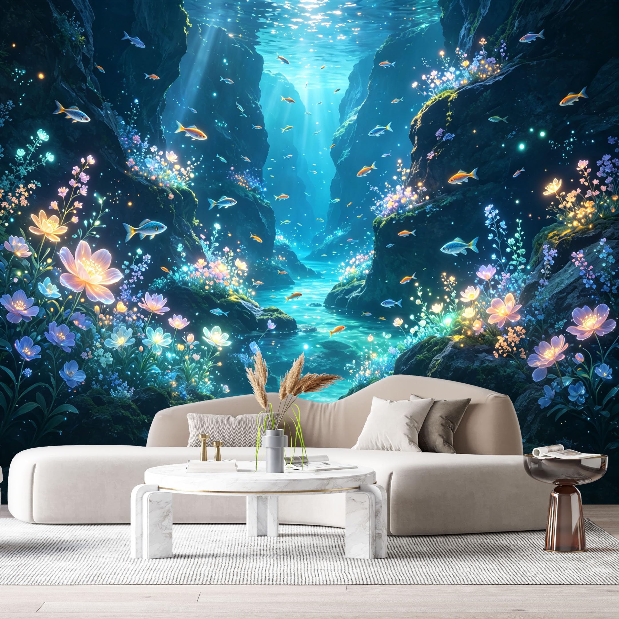 Custom Size Wall Murals Underwater Ocean Marine 3D Bioluminescent Flowers Glowing Fish SelfAdhesiveWall Fabric Removable Wallpaper Wall Decor for Living Room Bedroom Bathroom