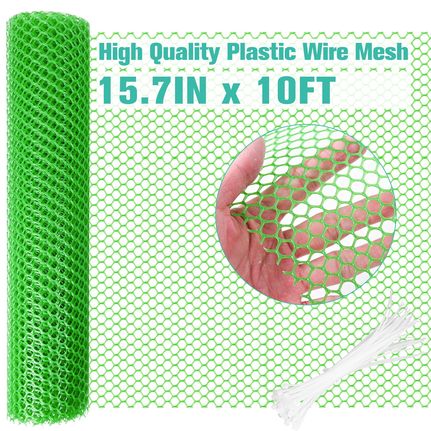 Plastic Mesh Fence Sheet 15.7IN x 10FT - 0.3IN Opening Plastic Chicken Wire Netting Roll Durable for Dogs, Poultry, Puppy, Garden Snake Barrier with 50 Pcs Zip Ties - Green