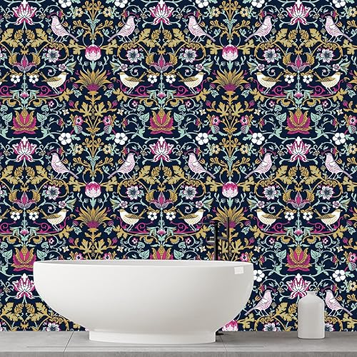 Miniatura 6 de BaoHArtHome Papel tapiz de ladrón de fresas, papel tapiz adhesivo negro de William Morris, papel adhesivo gótico extraíble, de pájaros, papel de