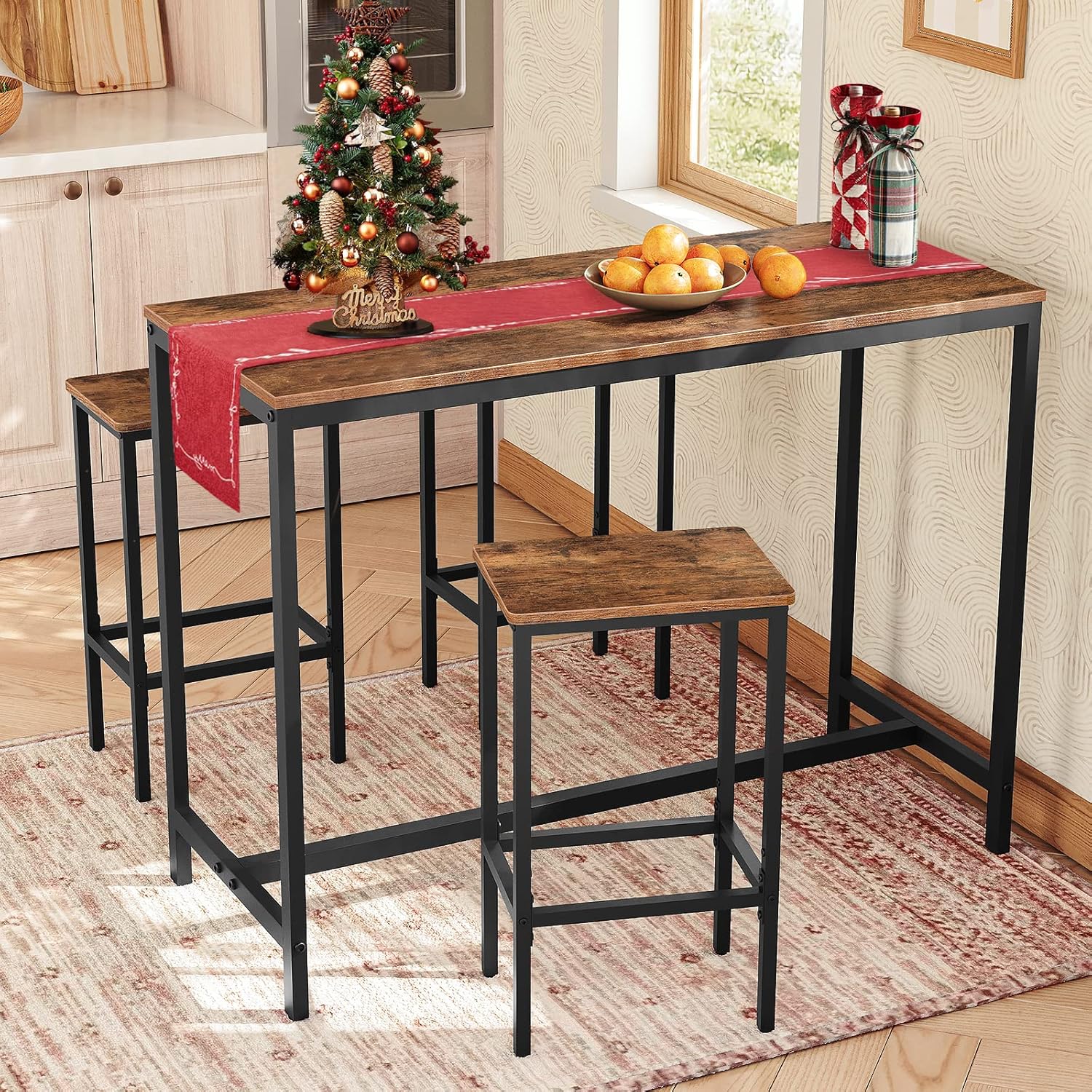 ALLOSWELL Narrow Bar Table, 47.2-Inch Rectangular Pub Table with Sturdy Metal Frame, Counter Height Dining Table Kitchen Bar Table for Dining Room,Living Room, Easy Assembly, Rustic Brown BTHR1001 : Home & Kitchen