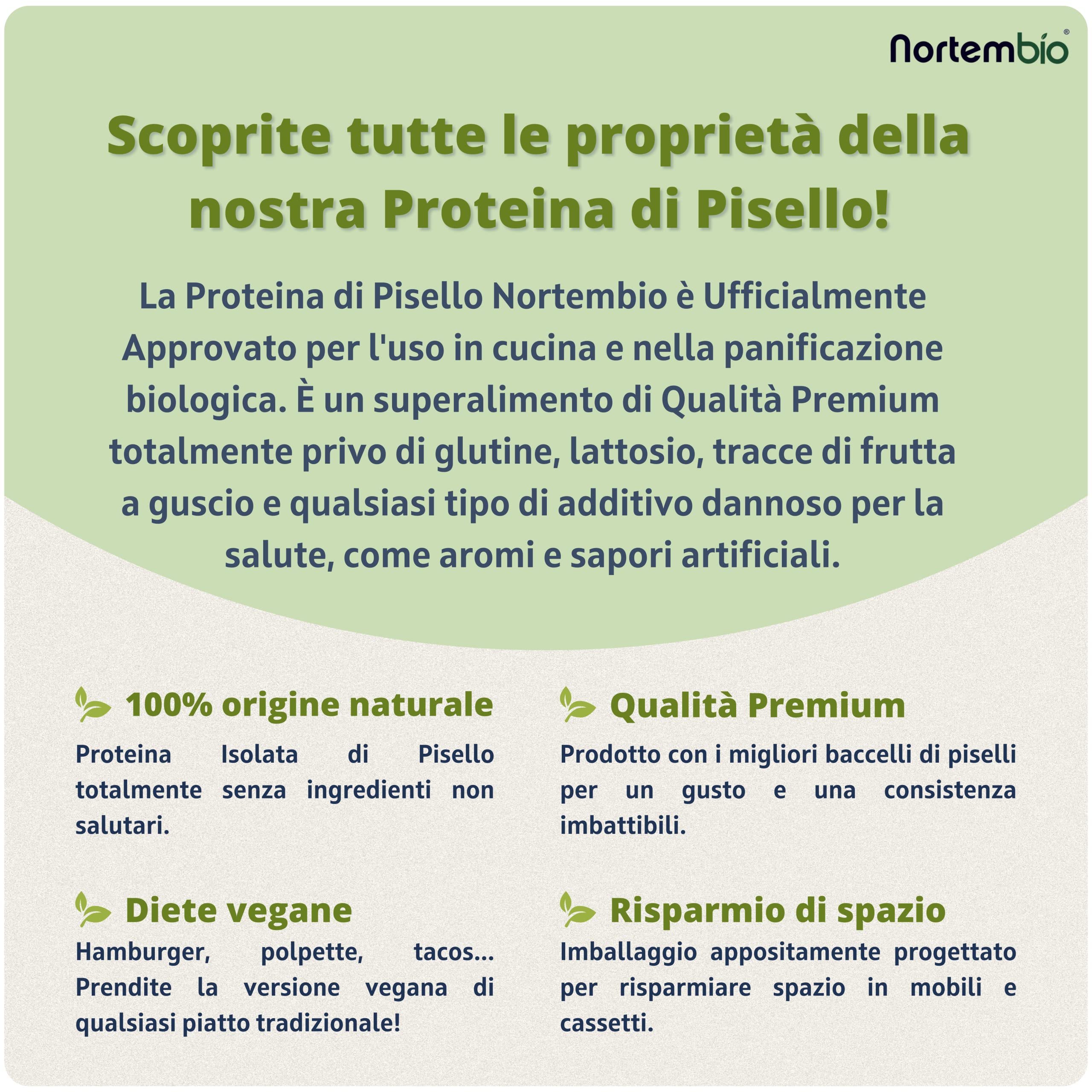 Nortembio Proteina di Piselli ISO 350 g Biologica. Senza Sapore. Origine 100% Naturale. Proteina Isolata per Vegani. Isolato Proteico di Piselli. In Polvere. Senza Zuccheri, OGM, Glutine.
