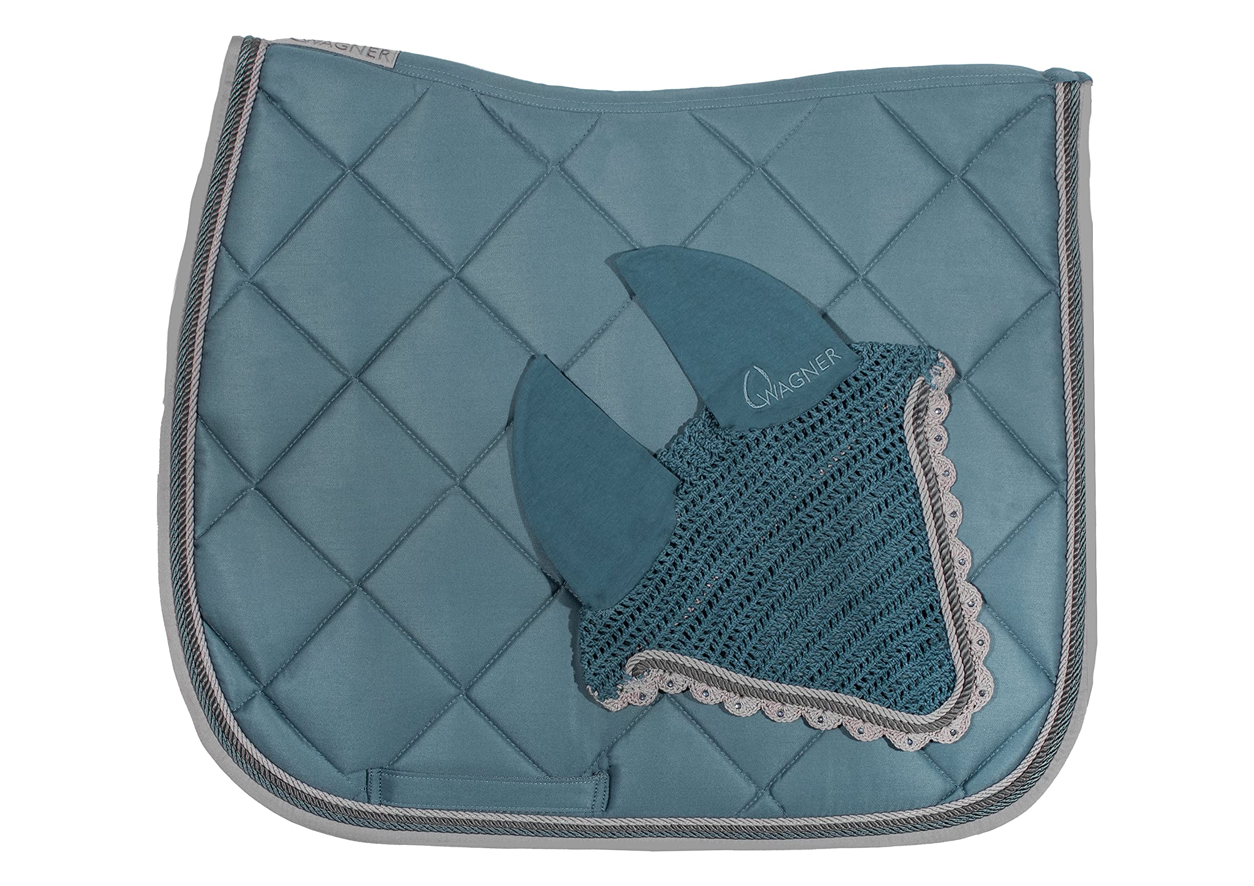 WAGNER Dressur Schabracke mit Fliegenhaube und Strass-Steinen Vintage BLAU-GRAU VIOLETT