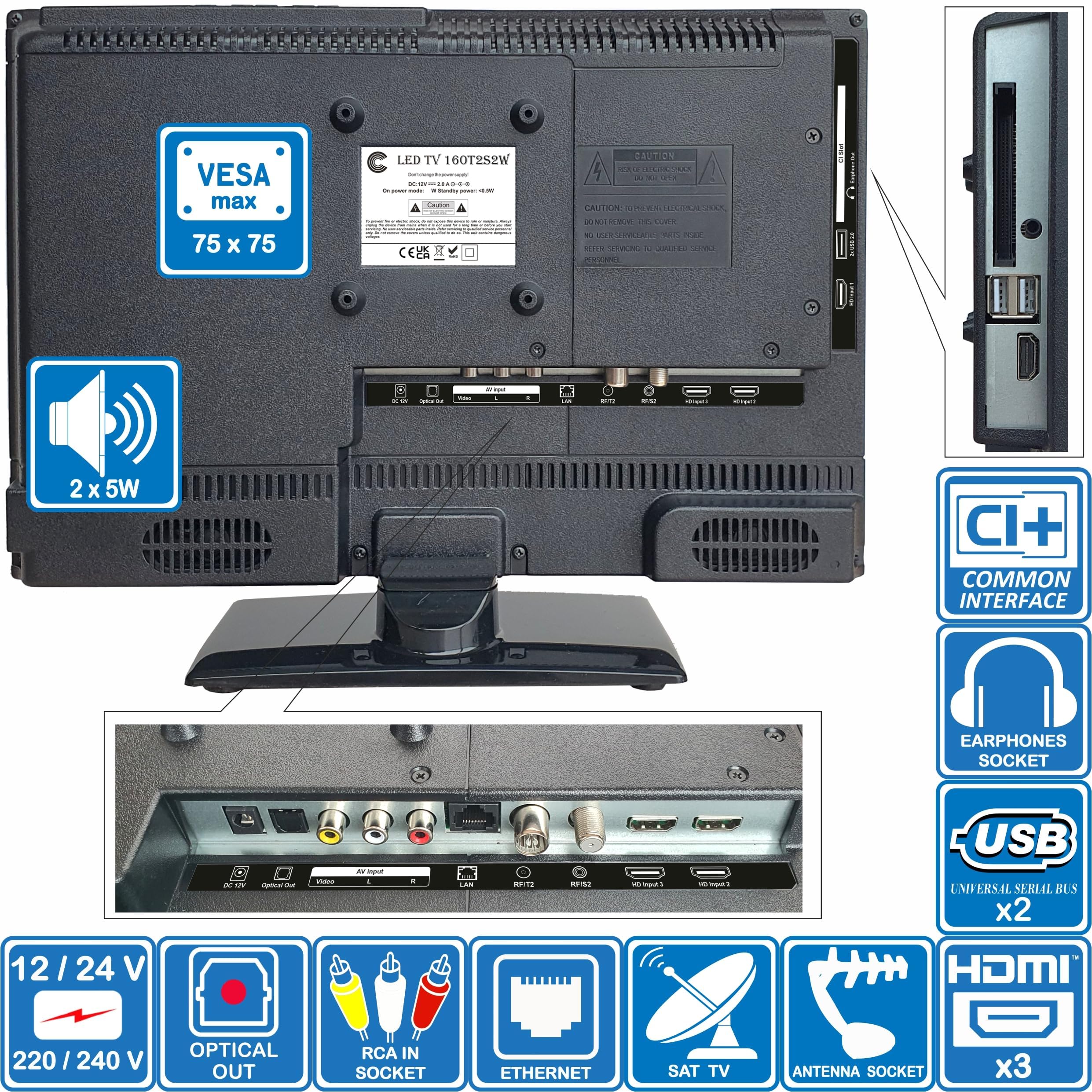 Unispectra ® 16" Smart TV (webOS) 12V Full HD LED 230v 24v Triplo sintonizzatore: satellitare, terrestre, cable. HDMI USB Telecomando magico TV 12V per camper, caravan, furgone, barca