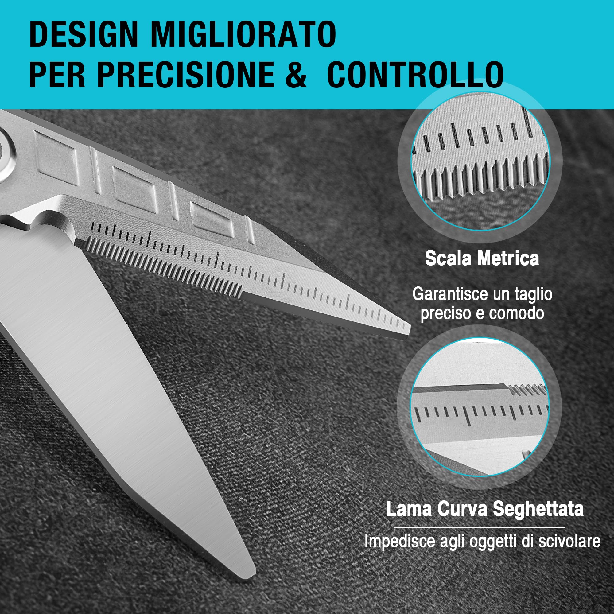 DURATECH Forbici Multifunzioni 4 in 1, Forbici Resistenti, Forbici in Acciaio Inox con Lama Curva e Seghettata, con Tronchese, Apriscatole e Cappuccio Protettivo, per Tessuto, Moquette, Pelle, Cartone