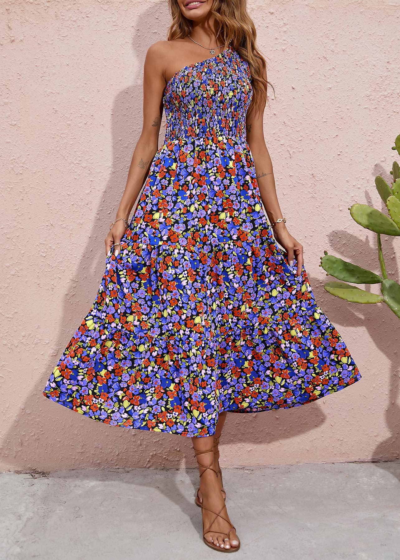 BTFBM 2025 Summer One Shoulder Dresses for Women Casual Sleeveless High Waist Floral Flowy Smocked Boho Beach Maxi Dress