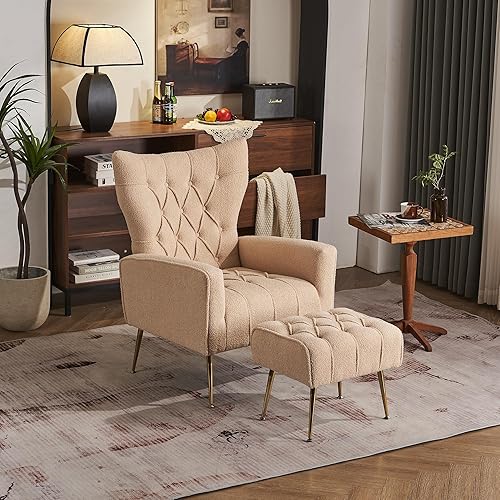 Miniatura 3 de LUMISOL Silla decorativa moderna con otomana, cómodo juego de sillón tapizado con patas de metal dorado, elegante silla de lectura para sala de