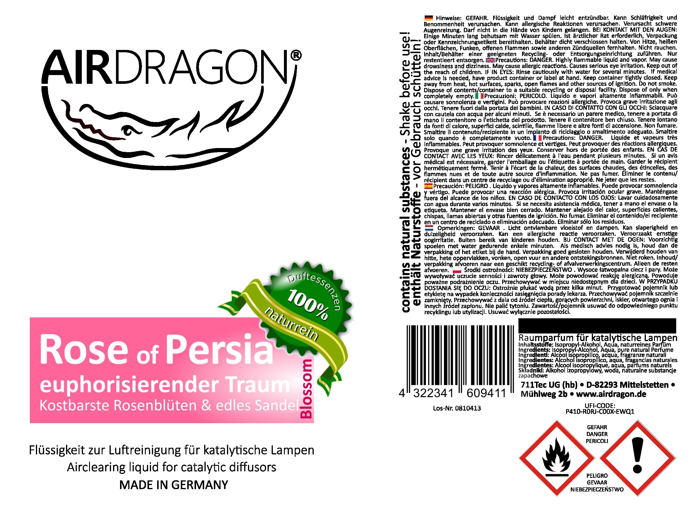 AIRDRAGON® Zestaw zapachowy • NEUTRAL + RÓŻA PERSIA • 2 x 1 litr • Do każdej lampy katalitycznej • Bez sztucznych substancji zapachowych • Premium naturalny zapach do pomieszczeń