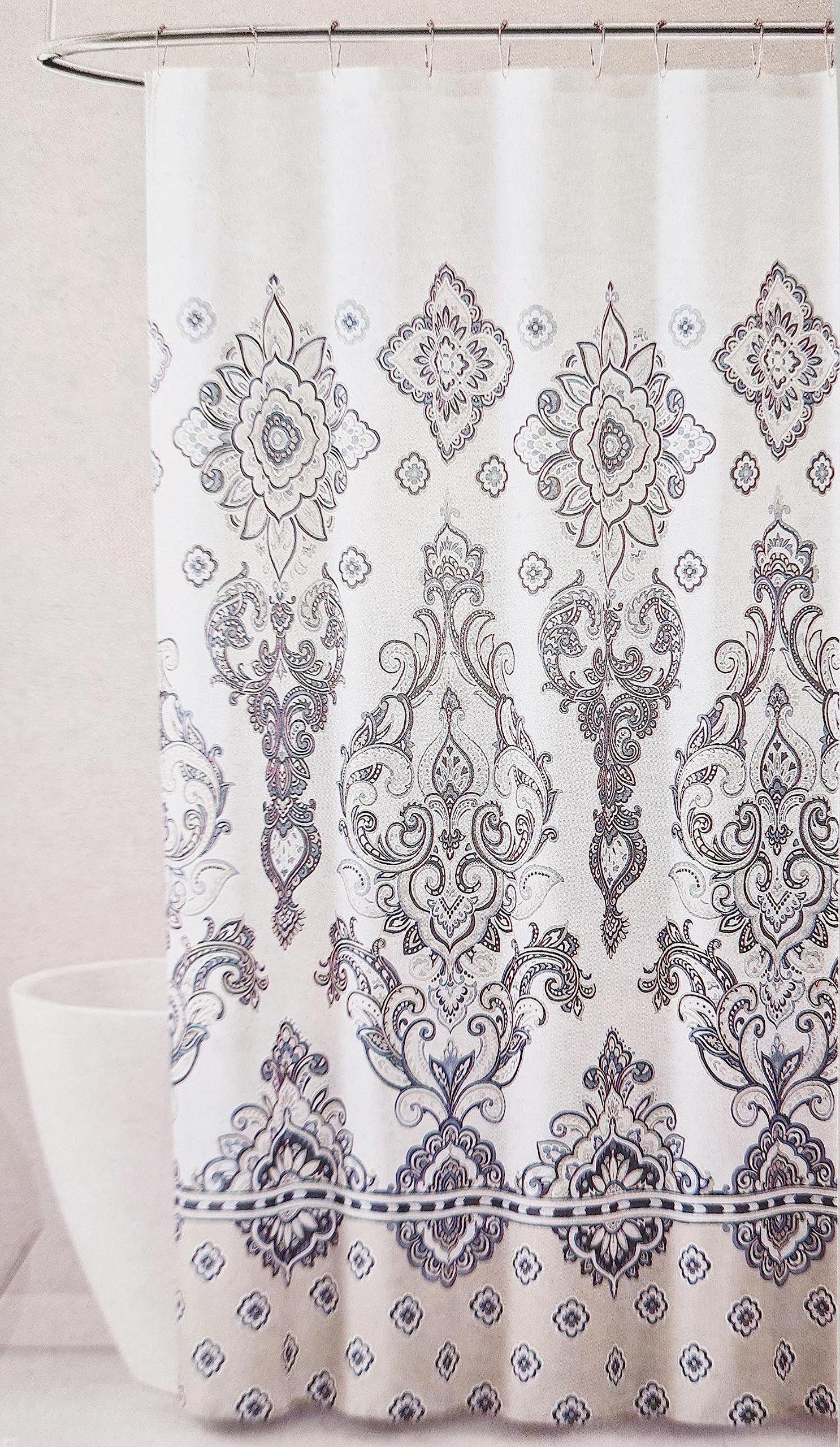 Beige Fabric Shower Curtain with Taupe, Gray and Navy Medallian Design 72" x 72"