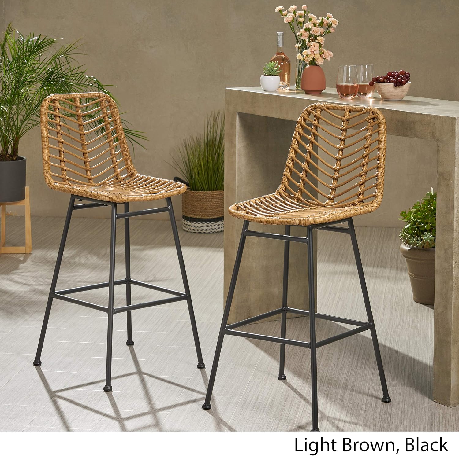 GDFStudio Jessie Outdoor Wicker Barstools (Set of 2), Light Brown and Black.