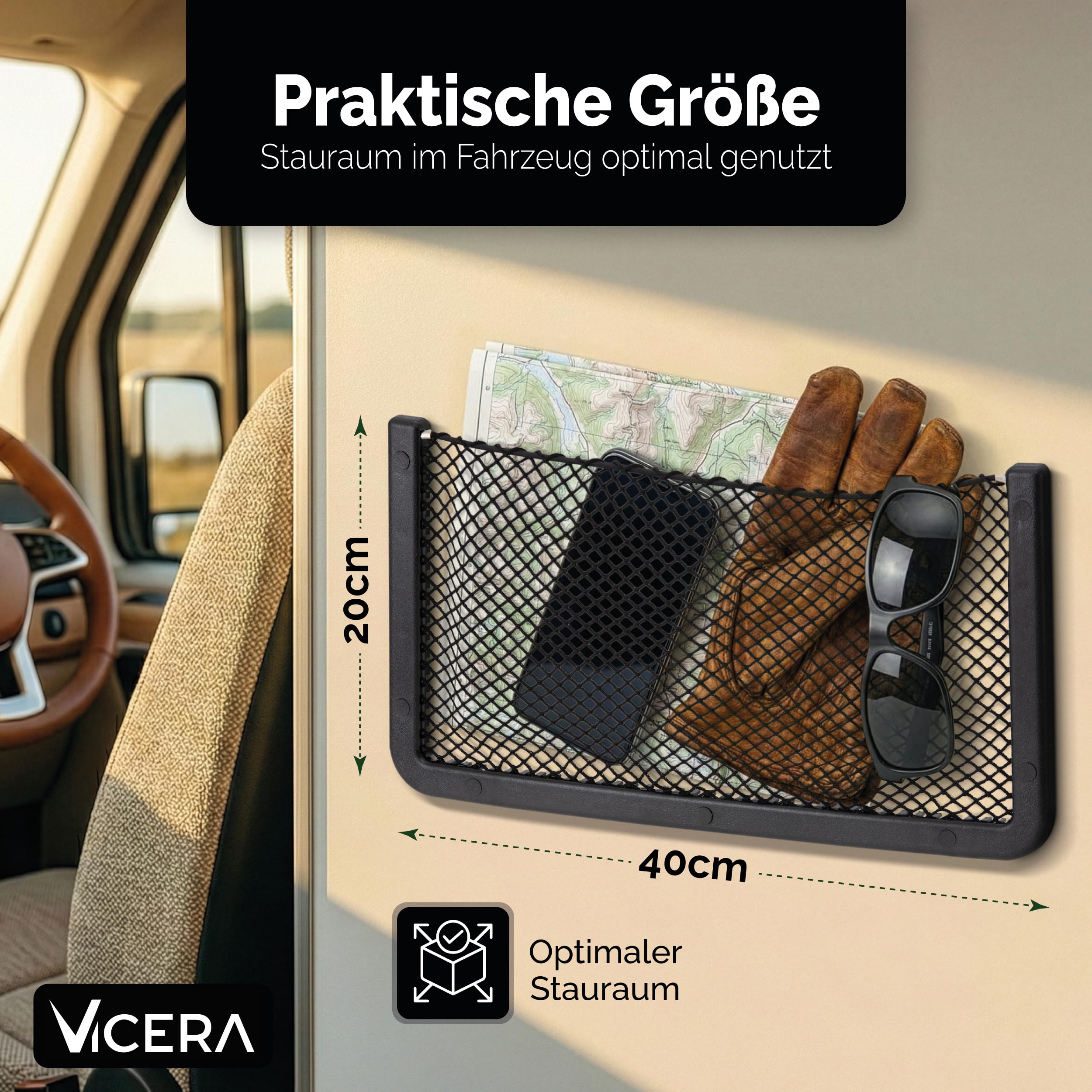 Vicera Aufbewahrungsnetz Wohnmobil mit Rahmen 3 Stück - Stabiles Ablagenetz Camper, Gepäcknetz für Ordnung im Auto