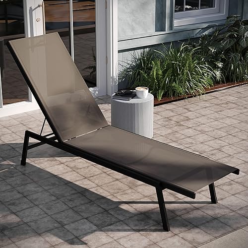 Miniatura 4 de EMMA + OLIVER Braelin - Tumbona ajustable para patio, asiento de textileno marrón, diseño sin brazos, 5 posiciones reclinables, marco de metal, para