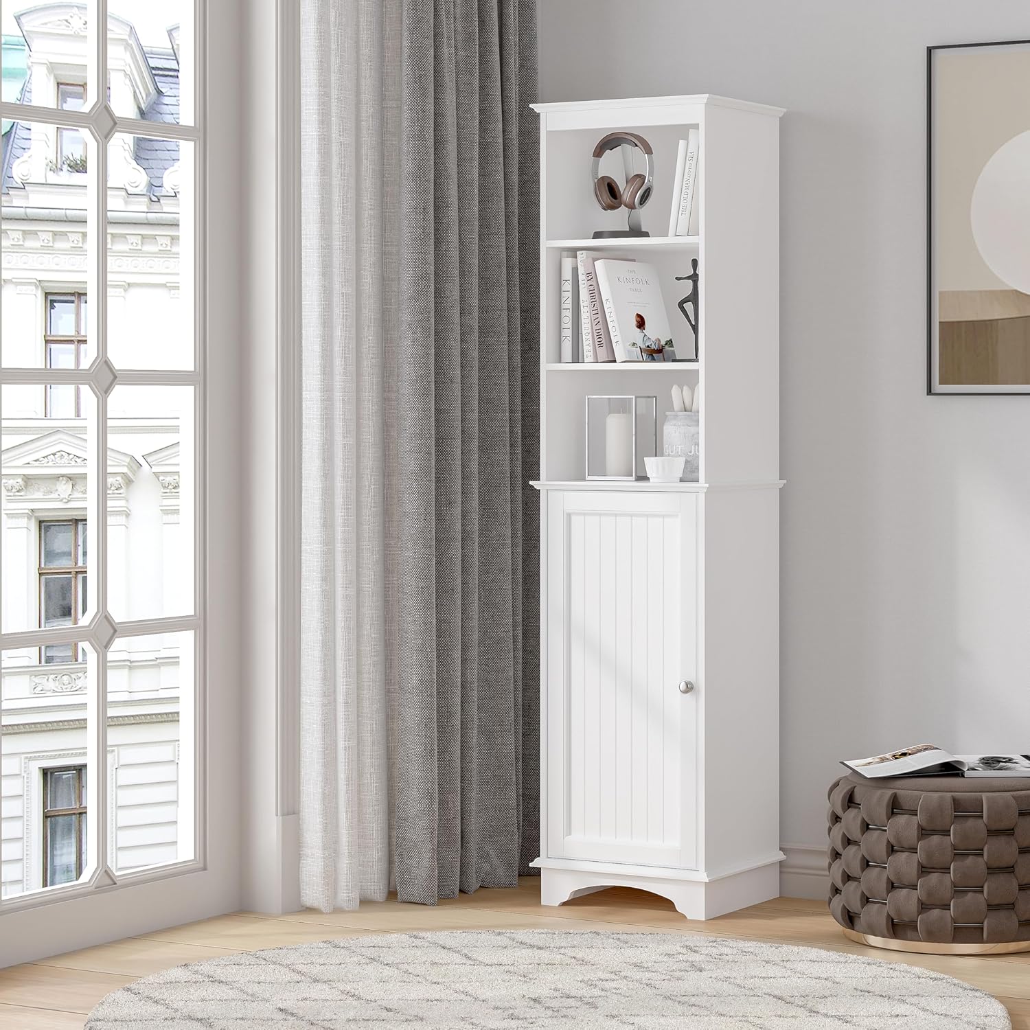 Spirich Home Freestanding Storage Cabinet with Three Tier Shelves, Tall Slim Cabinet, Free Standing Linen Tower, White
