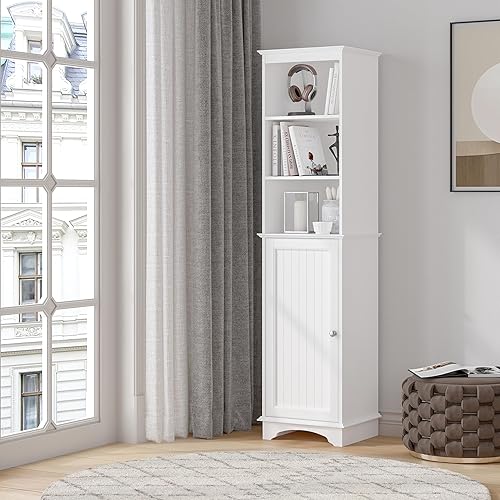 Miniatura 2 de Spirich Home - Armario de almacenamiento independiente con estantes de tres niveles gabinete alto y delgado torre de lino independiente color blanco