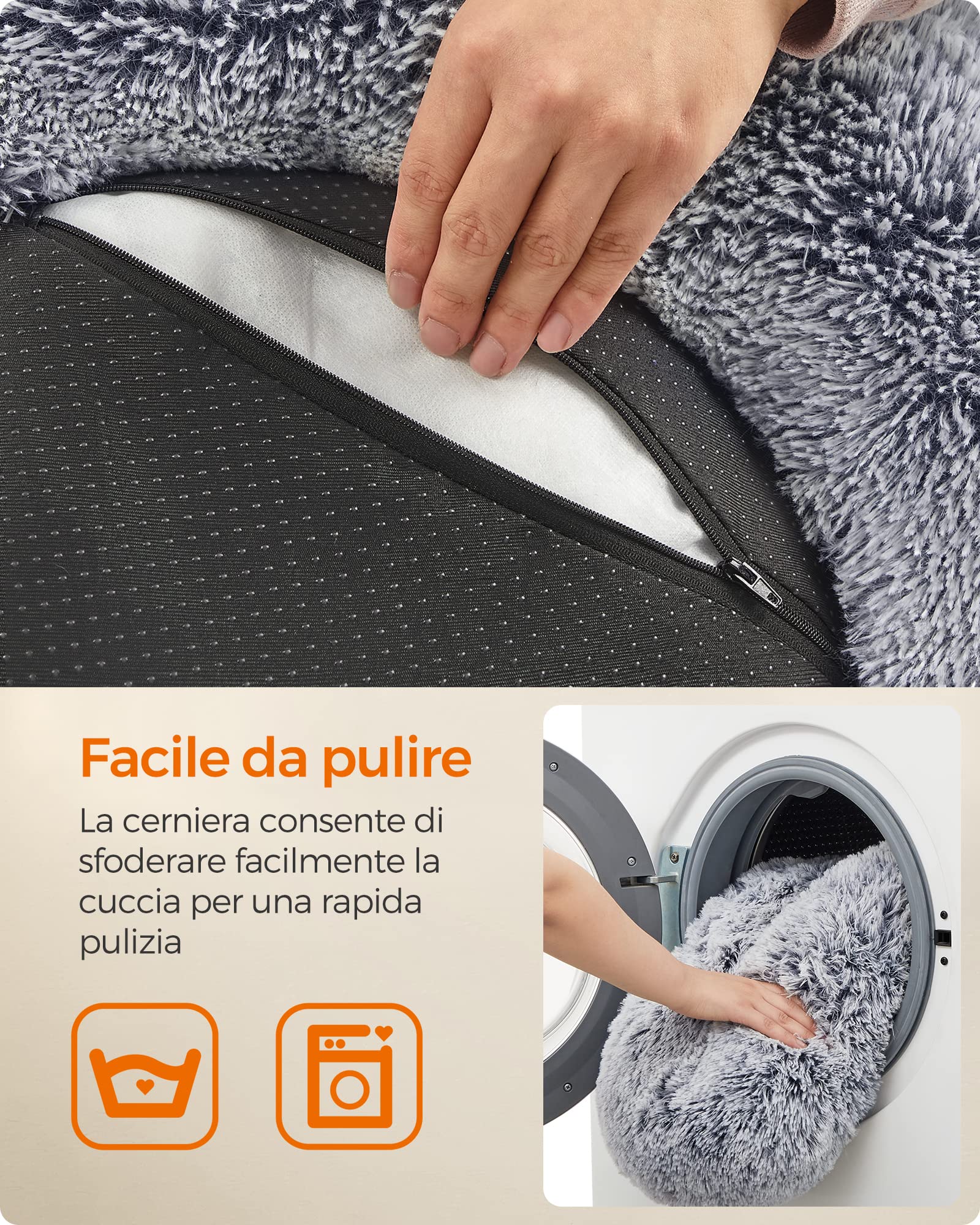 Feandrea Cuccia Cane Interno, Cuccia per Cani, Lettino per Animali Domestici a Ciambella, Cuscino Sfoderabile e Lavabile, Tappeto di Peluche, Diametro 60 cm, Grigio Ombré PGW038G01