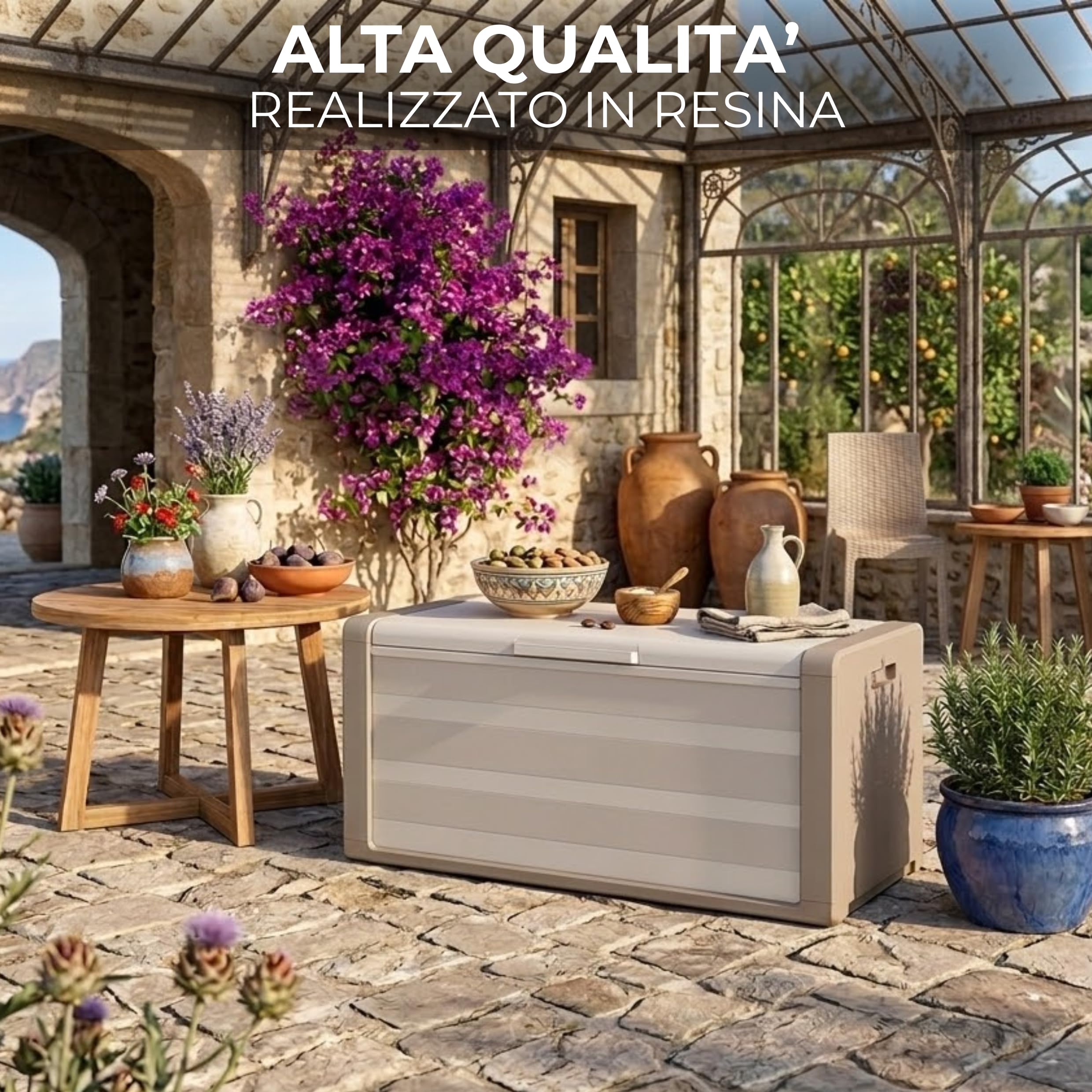 Baule Cassapanca in Resina Resistente Sabbia/Beige Predisposizione Lucchettabile Portaoggetti Contenitore Organizzatore per Esterno Interno Giardino 118x49x55 cm
