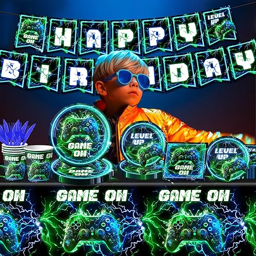 Miniatura 4 de Video Game Birthday Party Supplies,142pcs Neon Video Gaming Plates and Napkins Tableware Set Plastic Tablecloth for Boy Gamer Party Supplies