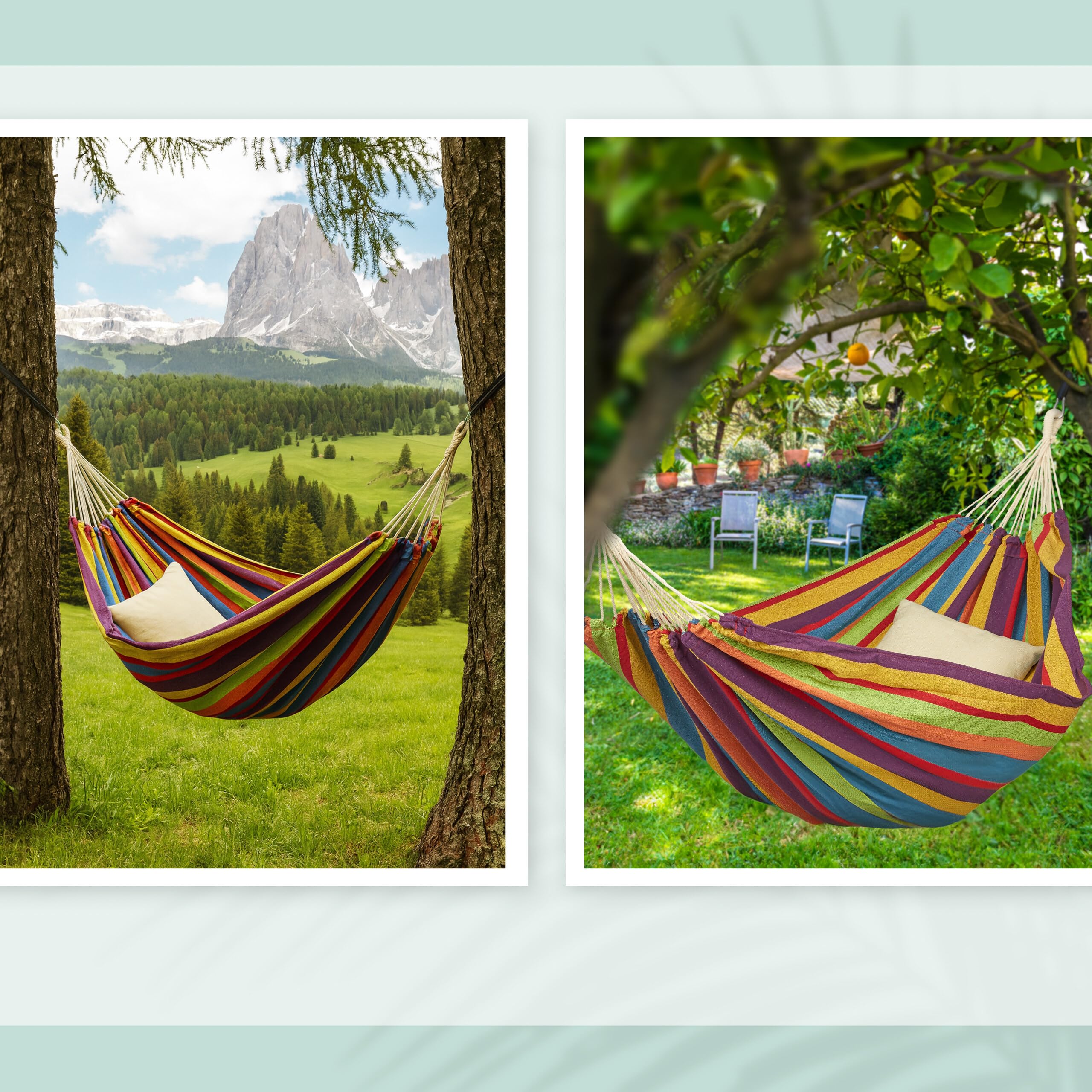Relaxdays Hamaca de Algodón, 150 x 190 cm, con Set de Fijación, hasta 300 kg, Portátil, Cama Colgante, Multicolor