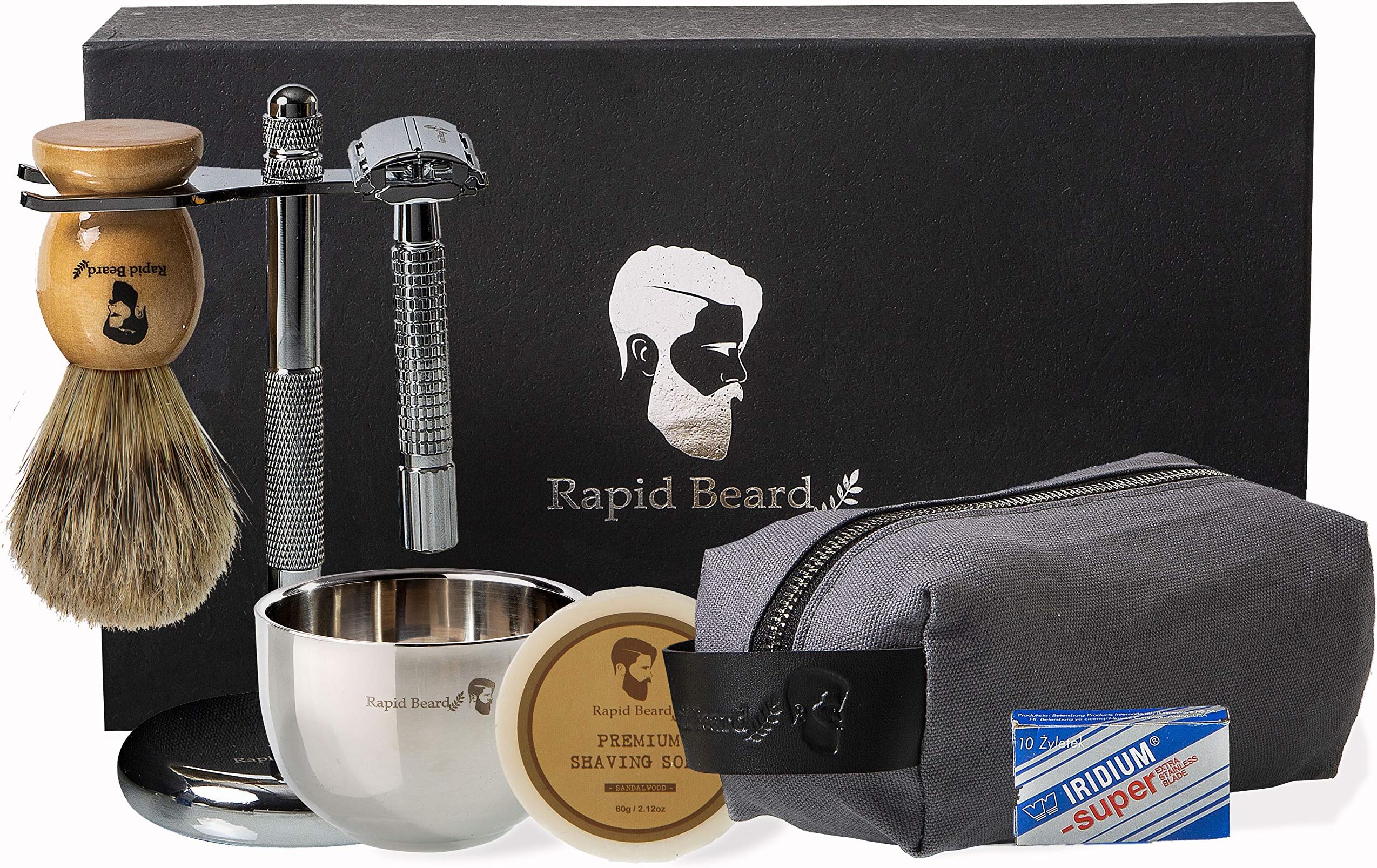Shaving Kit for Men Wet Shave - Safety Razor with 10 blades, Shaving Badger Hair Brush, Sandalwood Shaving Soap Cream, Shaving Stand, Stainless Steel Bowl Mug, Canvas Dopp Kit - Gift Set