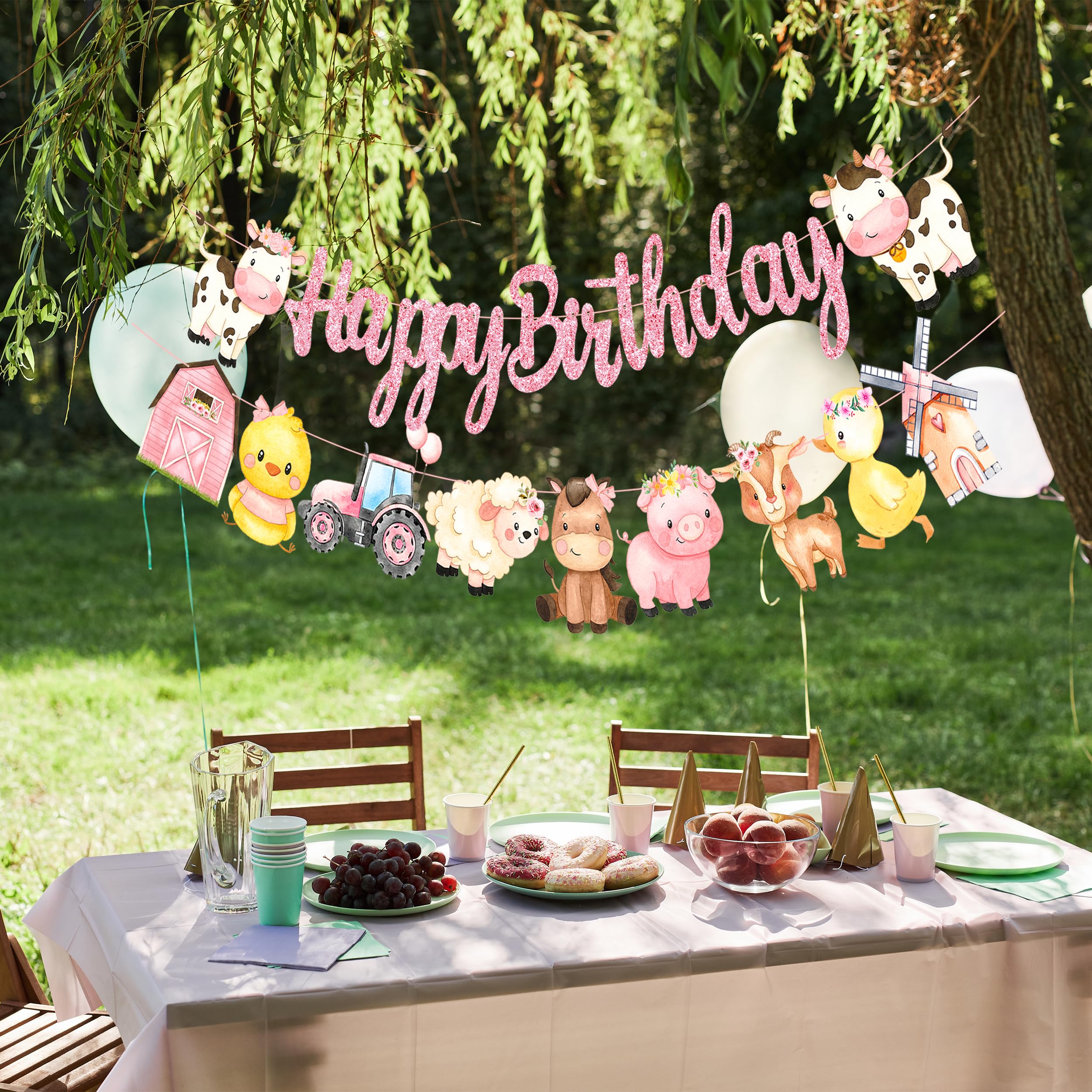 Pancartas de cumpleaños con temática de granja con purpurina rosa