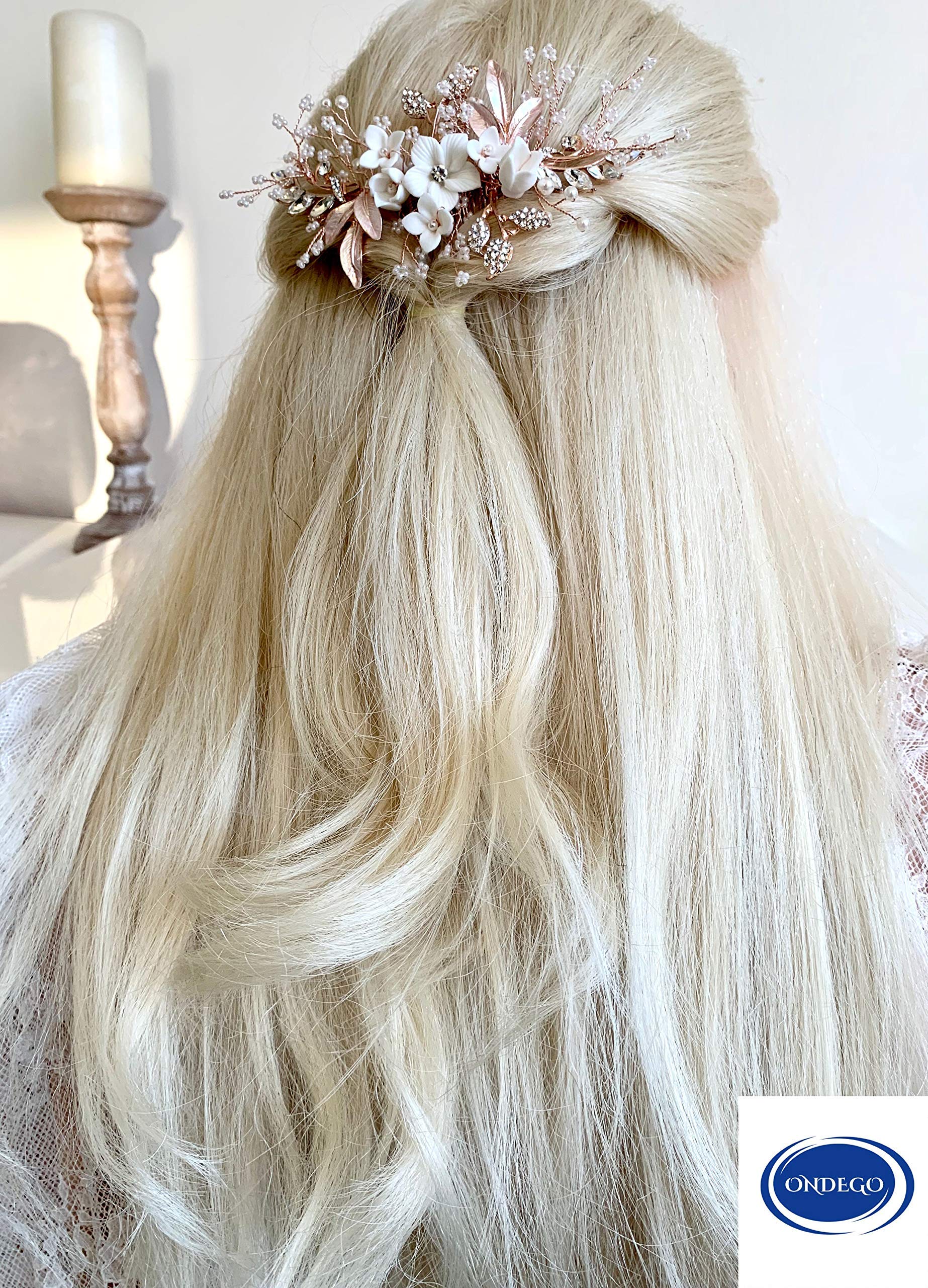 Rosegold Brauthaarschmuck Haarkamm – Handgefertigter 3D Blumen Haarschmuck mit Perlen & Strass – Leichter Haarkamm für Hochzeit Brautfrisur Festliche Anlässe
