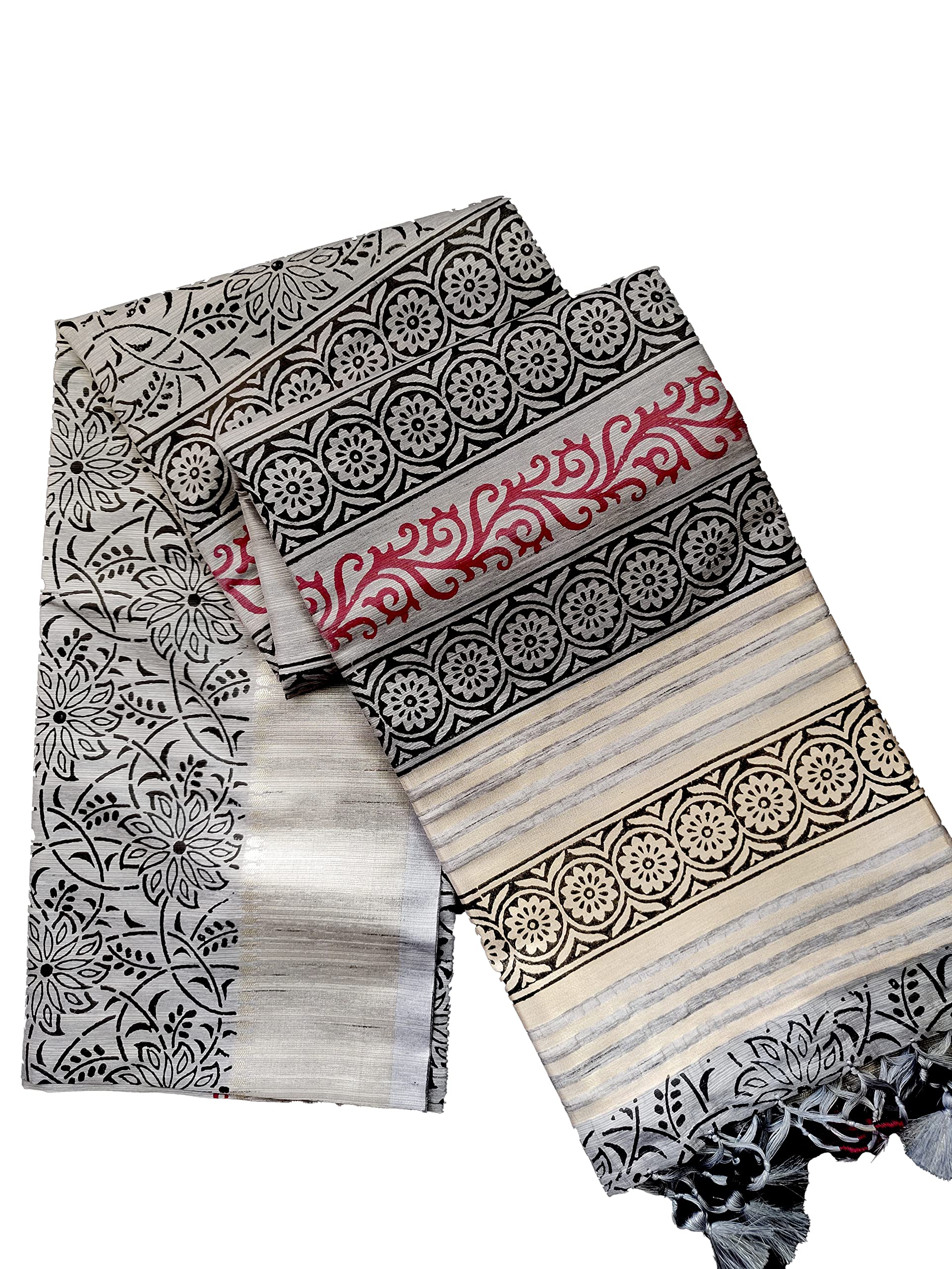NK TextilesWomen's All Over Batik Print with Zari Border Handloom Mulberry Tussar Silk Saree with Tassels (6 COLORS), Grey, One Size