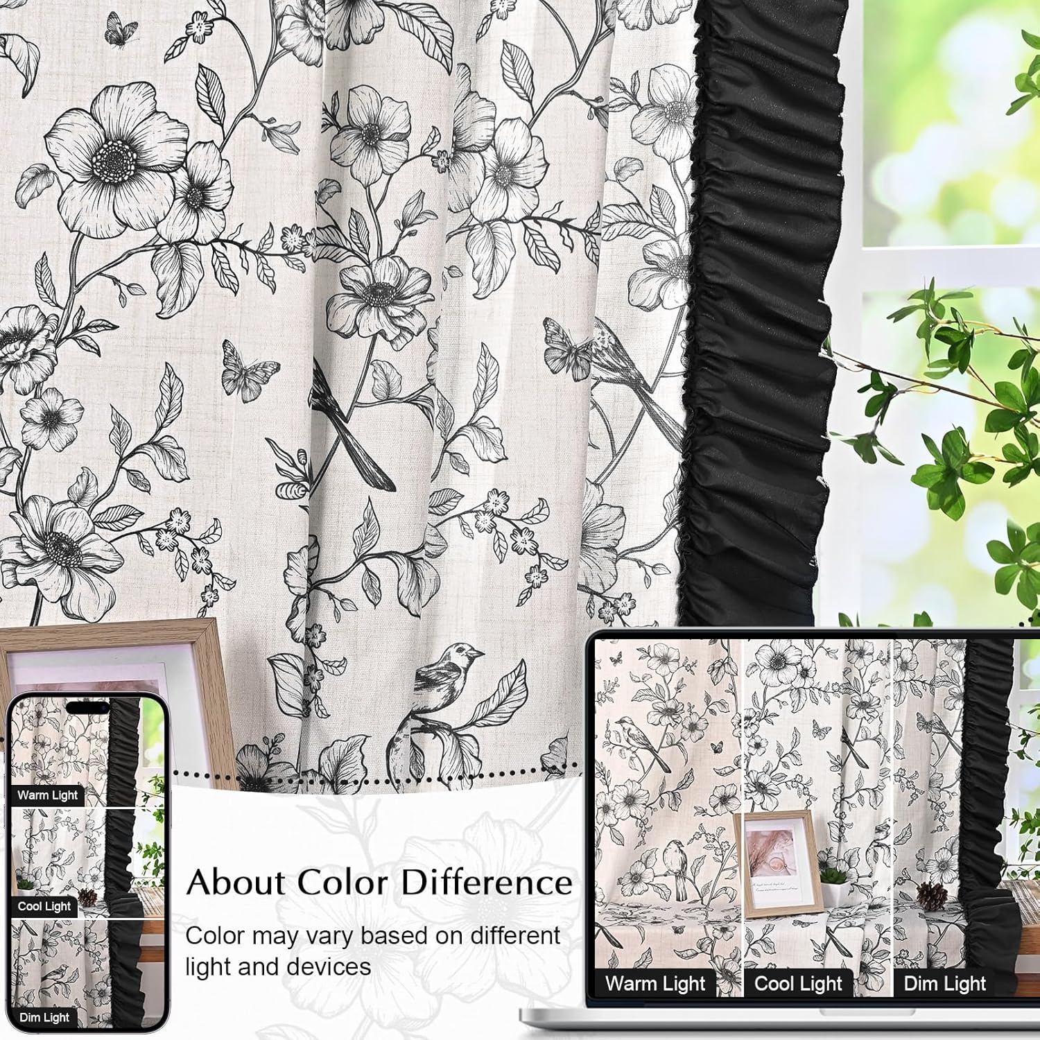 Yinhua Floral Curtains for Living Room 63 Inch French Country Linen Bedroom Curtains with Ruffle Tieback, Light Filtering Flower Patterned Window Curtain Rod Pocket Back Tab Drapes, 2 Panels, Black