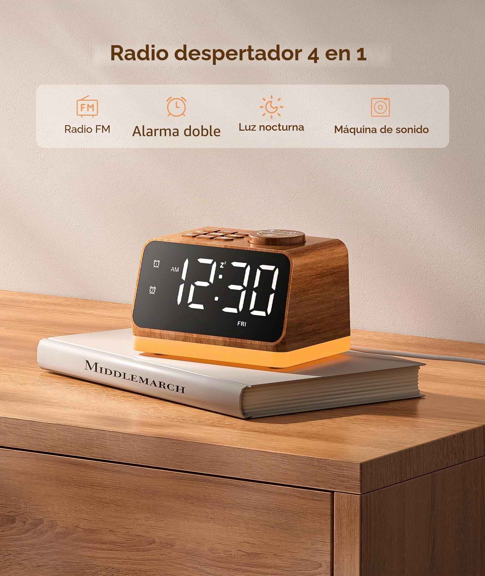 Dreamegg Radio Despertador Digital con Luz Nocturna, Radio FM, Doble Alarma, Maquina Ruido Blanco 25 Sonidos, LED & Luz Ajustable, Temporizador 10–480 min, 2 Puertos USB, Snooze, Toma Auriculares