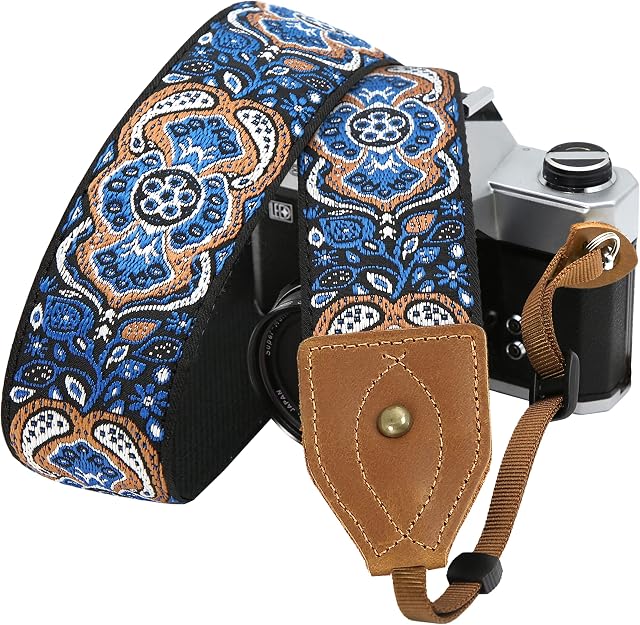 Vintage Elegant Blue Camera Strap - Double Layer top-grain Cowhide Ends,2" Wide Vintage Embroidered Pure Cotton Camera Strap,Adjustable Universal Shoulder&Neck Strap for All DSLR / SLR Cameras
