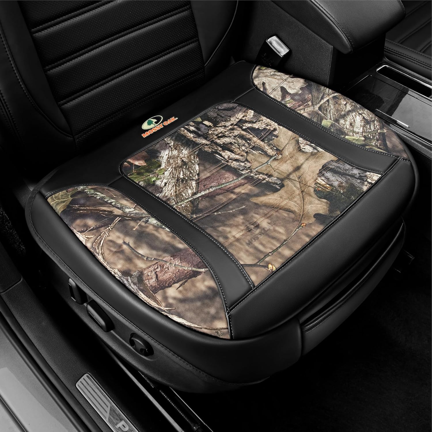 MOSSY OAK Car Seat Cover, Luxury Faux Leather Front Bottom Seat Cushion Cover, Universal Anti-Slip with Wrap-Around Design and Storage Bags, Suitable for Most Vehicles - Black Color 1 Piece