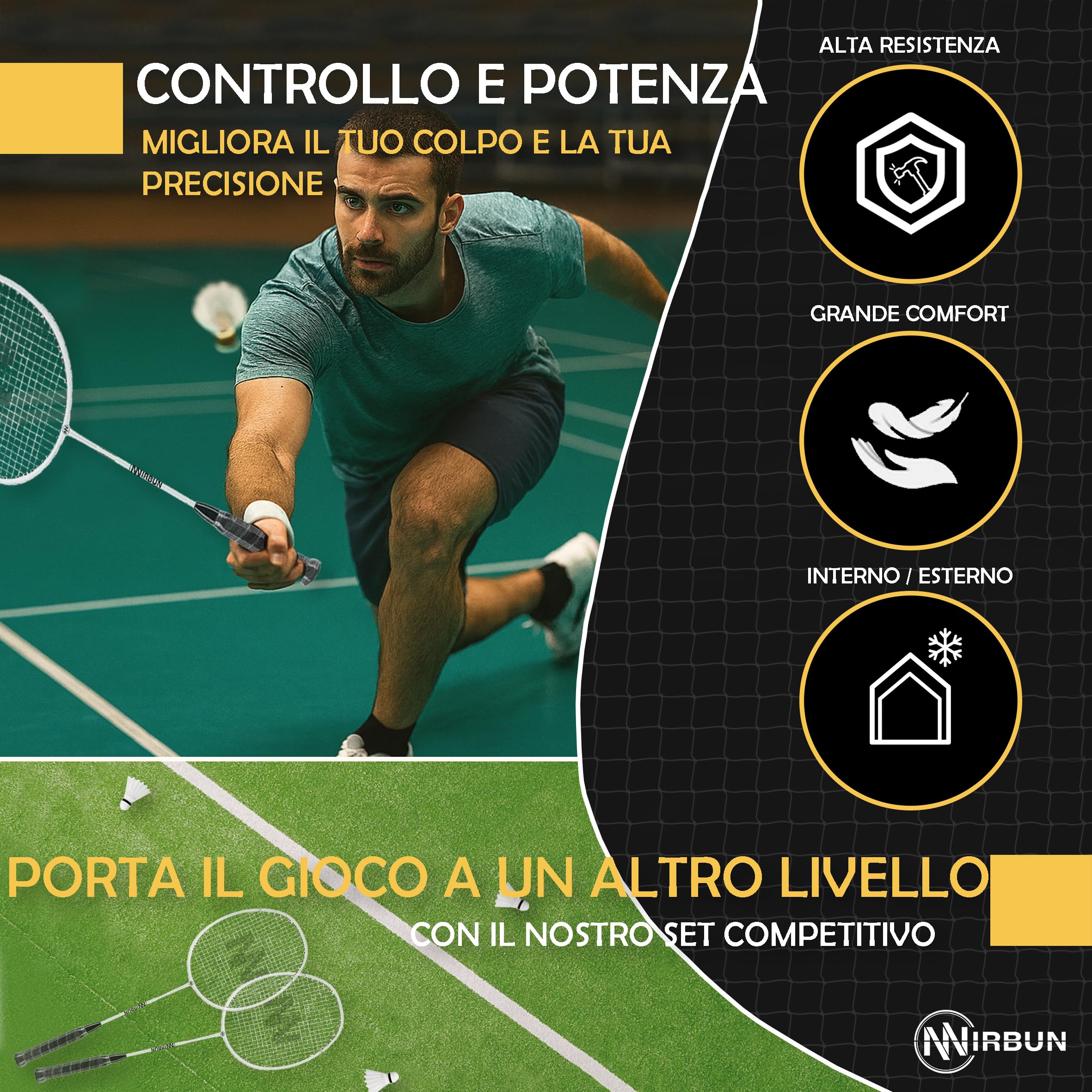 Set da badminton per 4 giocatori con rete | Racchette professionali + 3 volani + borsa per il trasporto | Robusta struttura in metallo | Rete da 5,1 | Gioco per famiglie per interni esterni