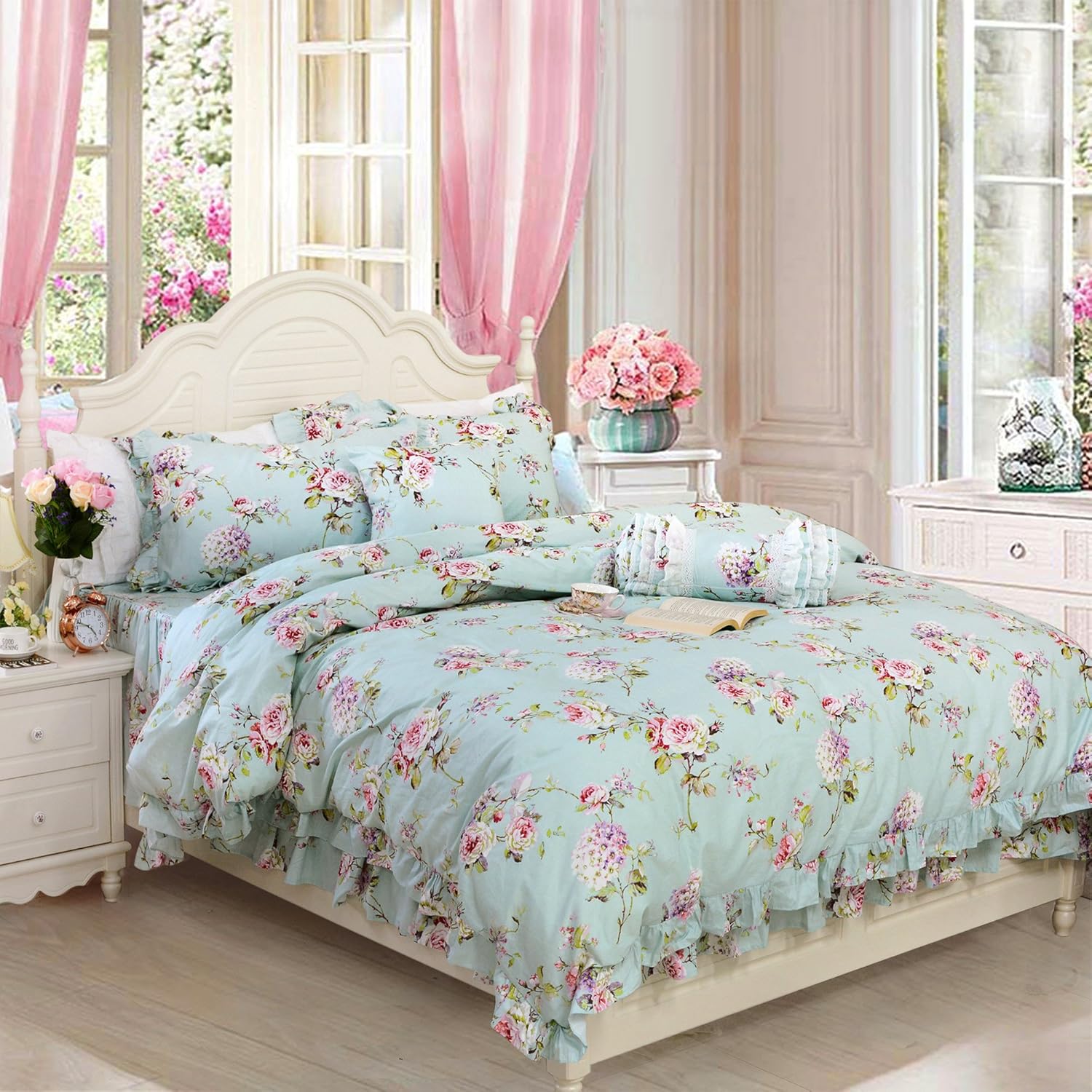 Frее Shірріng Ovеr $50 FADFAY Shabby Floarl Cotton Bedding Set Queen 4-Pieces Light Blue Hydrangea Print Duvet Cover Set with Bedskirt French Country Style with Ruffle -1 Duvet Cover, 1 Bedskirt, 2 Pillowshams ❤ Crаzу Dеаlѕ FADFAY Shabby Floarl Cotton Bedding Set Queen 4-Pieces Light Blue Hydrangea Print Duvet Cover Set with Bedskirt French Country Style with Ruffle -1 Duvet Cover, 1 Bedskirt, 2 Pillowshams