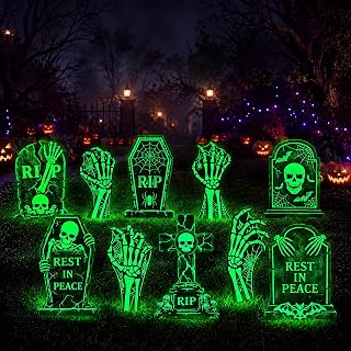 10 Pcs Halloween Outdoor Decoration Glowing Tombstone Skeleton Yard Signs