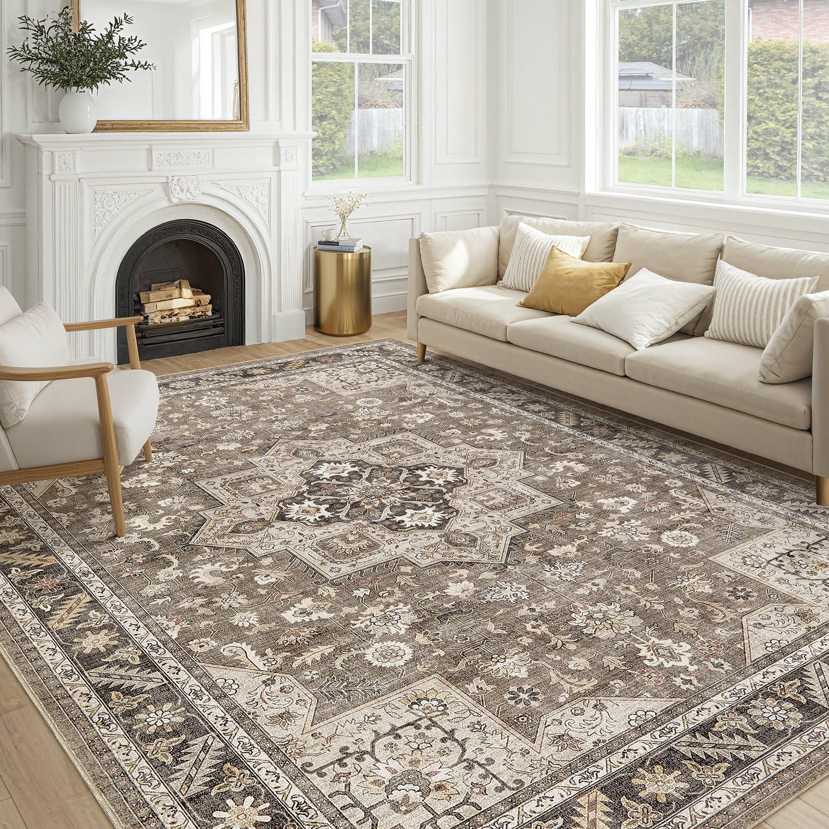 Vintage Living Room Area Rug 8x10 - Large Soft Washable Oriental Traditional Distressed Farmhouse Rugs for Bedroom - Indoor Floor Accent Carpet for Home Office House Decor - Brown