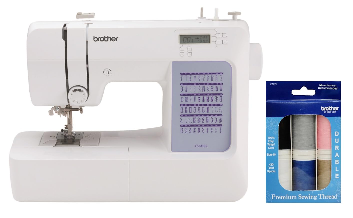 Brother CS5055 Computerized Sewing Machine, 60 Built-in Stitches, LCD Display, 7 Included Feet and 6-Piece Premium Sewing Thread Pack