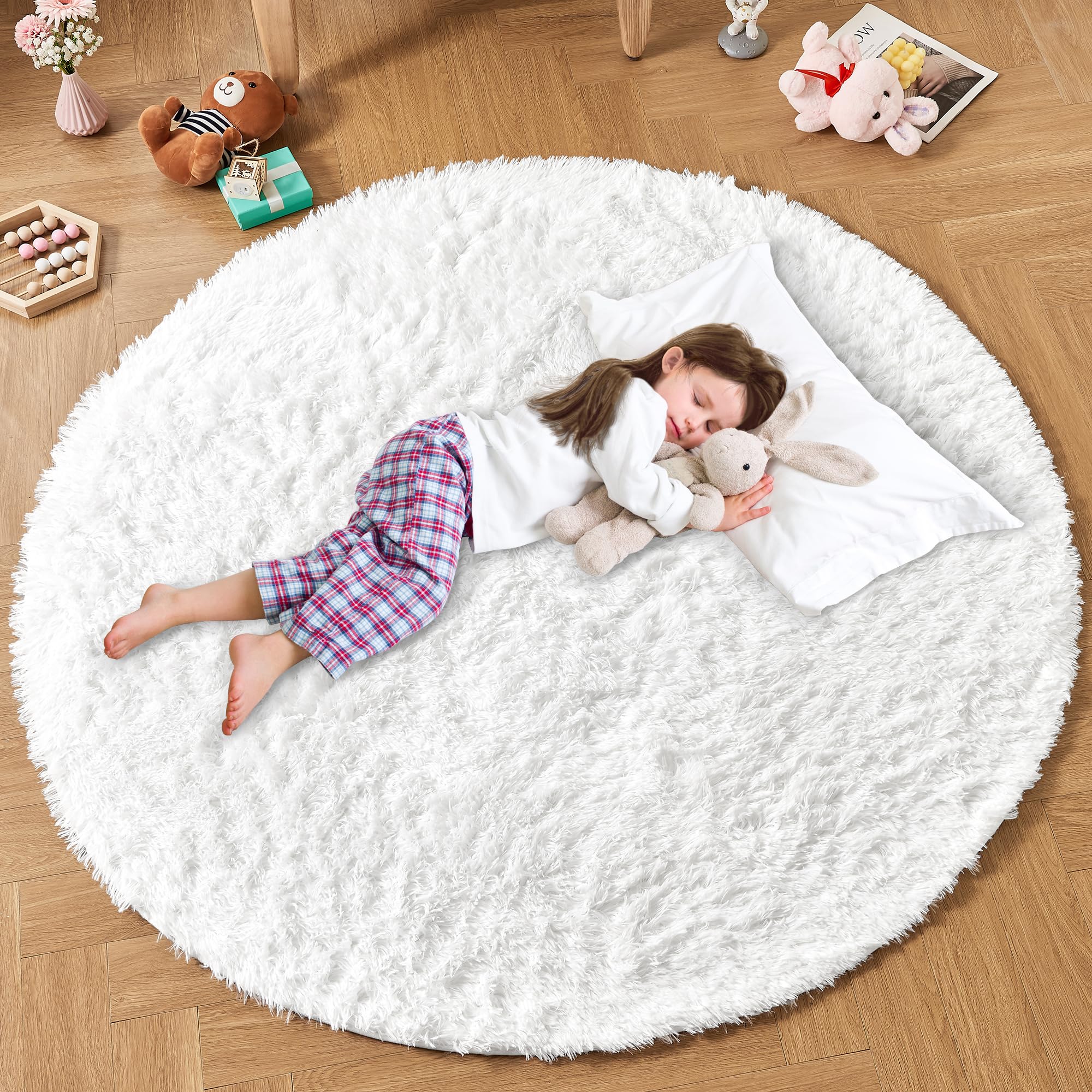 Andency White Round Area Rug for Bedroom, Soft Shag Circle Rug 6x6 for Room, Fluffy Faux Fur Carpet for Home Decor, Circular Fuzzy Plush Rug for