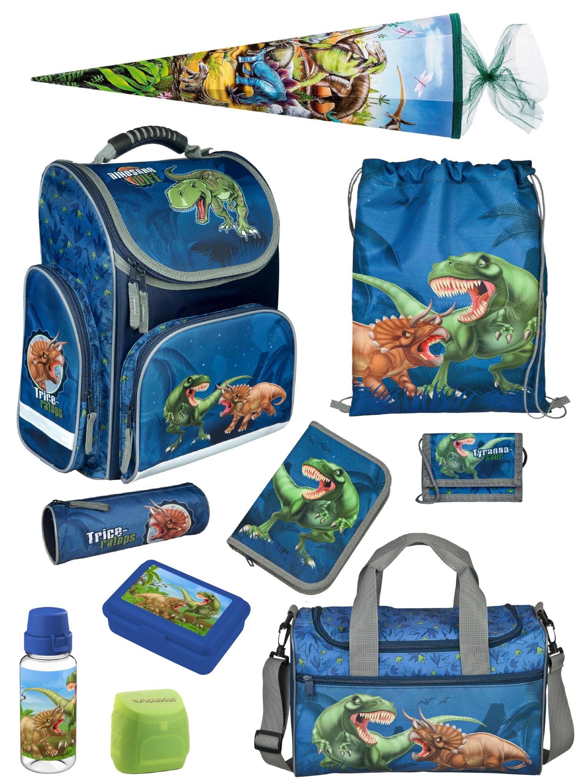Familando - Schulranzen Set CLOU - 10-teilig mit Schultüte - Dinosaurier - Ergonomisch, Stabil & mit gepolstertem Rücken - 930g leicht - 15L Volumen - Mit Reflektoren - Für Grundschule ab 1. Klasse